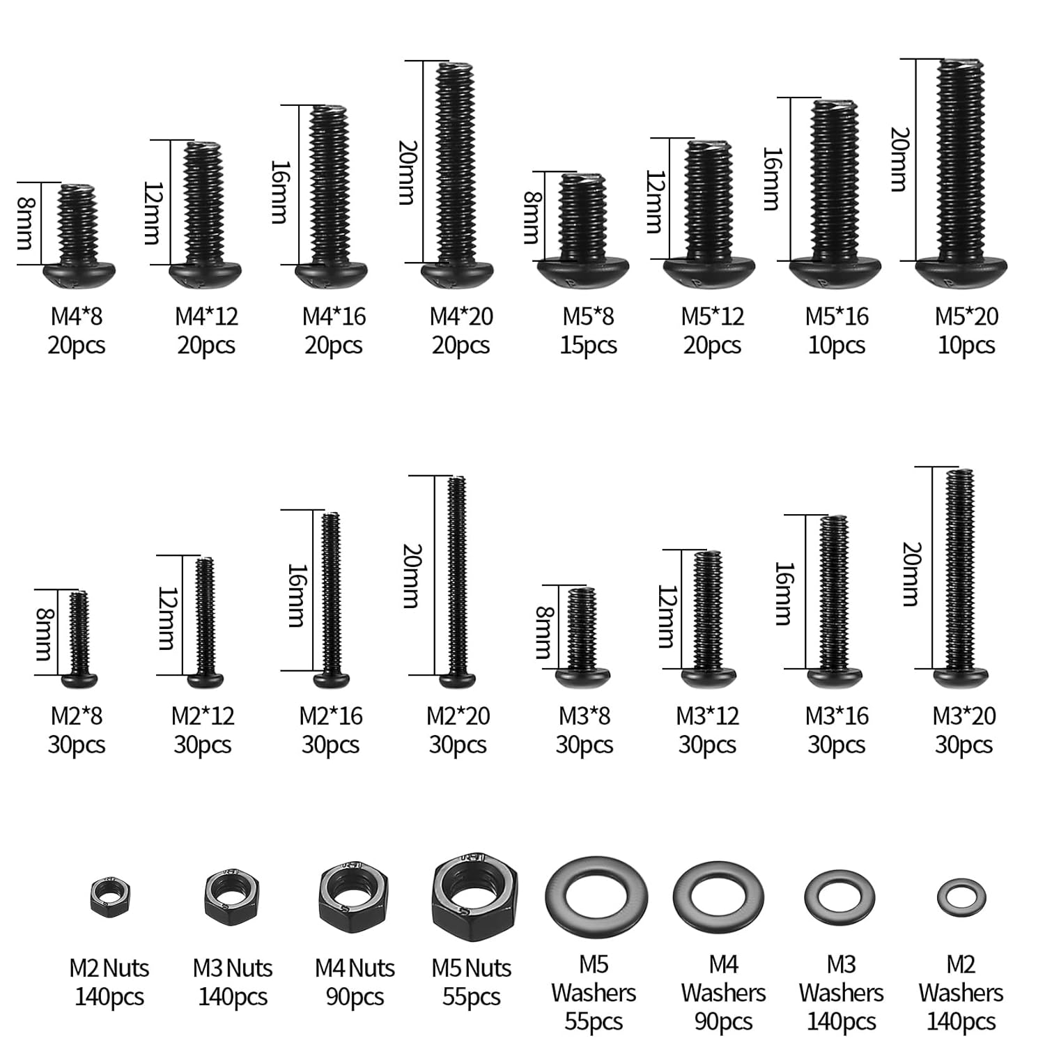 1225 pcs M2 M3 M4 M5 Tête hexagonale à six pans creux Vis d’assemblage Écrous Kit d’assortiment de rondelles plates, Acier au carbone Noir Vis - 2