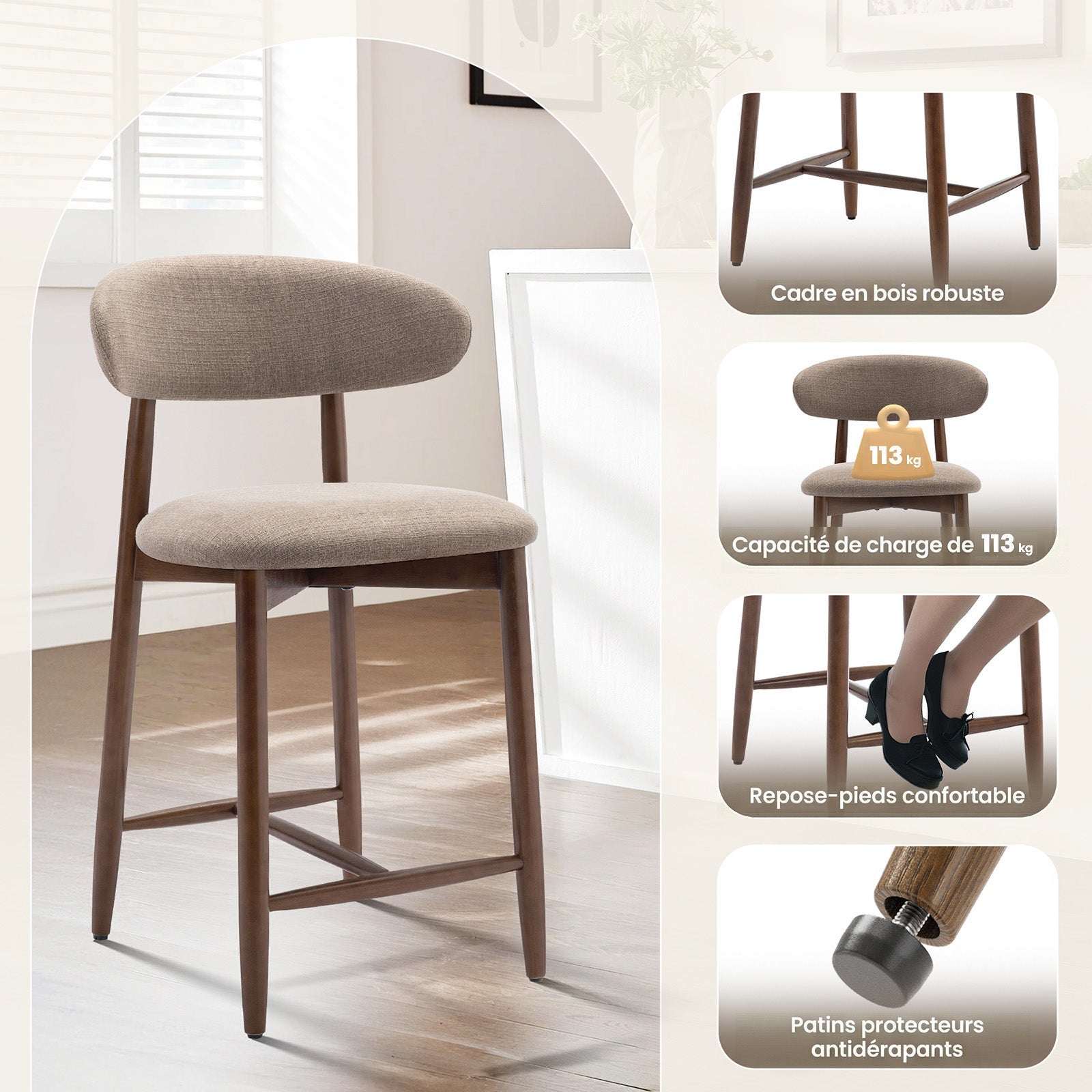 Lot de 2 Chaises de Bar Modernes, Assise Confortable en Tissu, Structure en Bois, Marron - 3