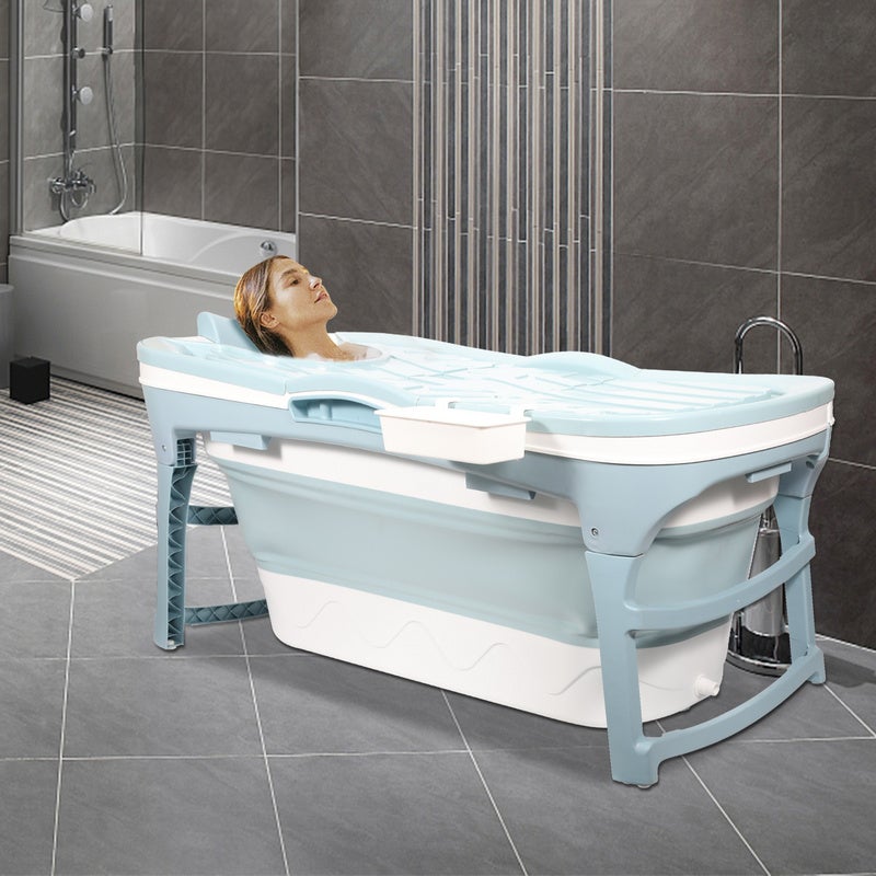 Bañera plegable para adultos de 118 cm de largo, portátil con tapa extraíble para baños pequeños, color azul - 9
