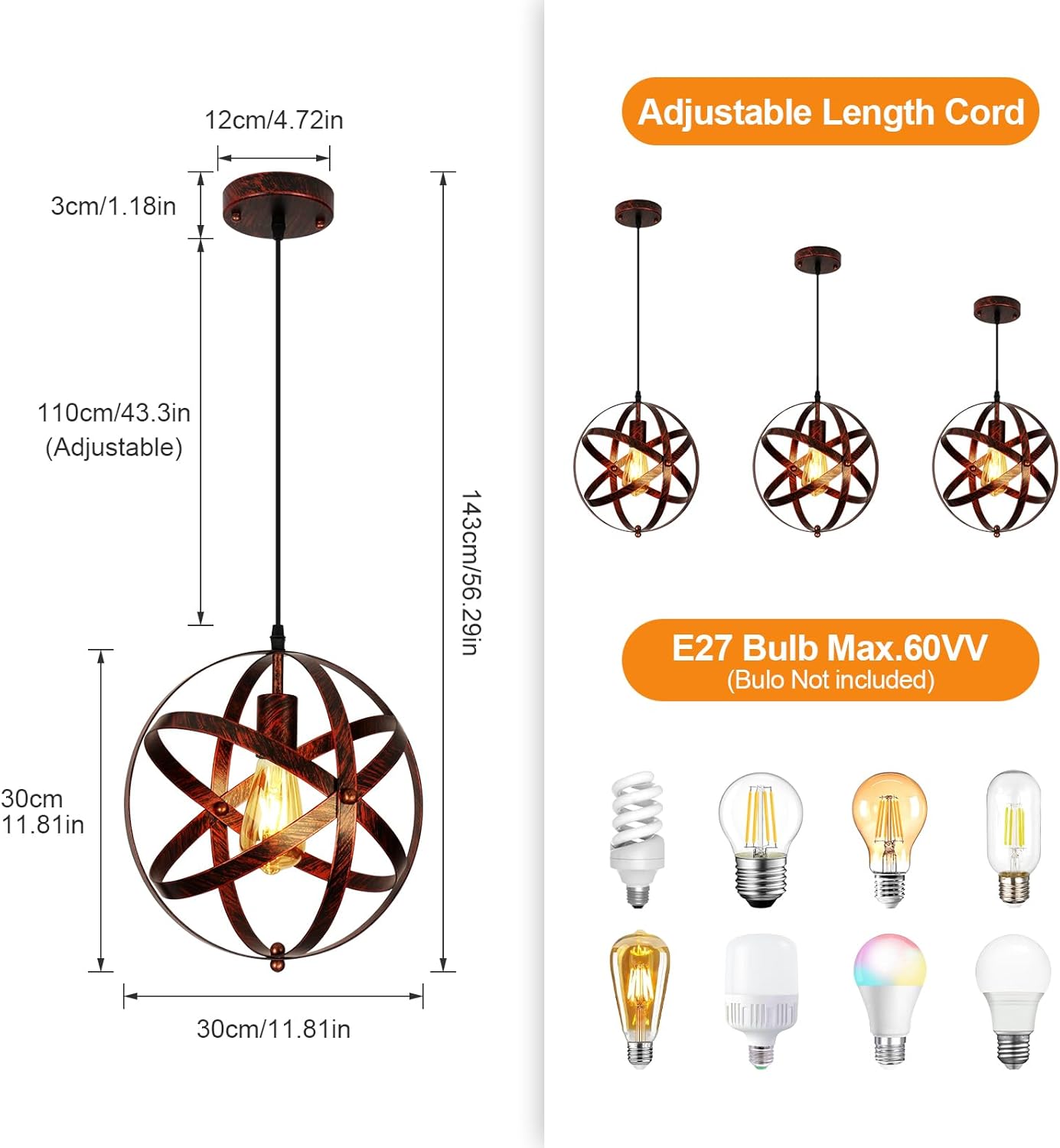 COMELY Suspension Vintage, Retro Lustre Plafonniers, E27 Industrielle Éclairage de Plafond, Suspension Luminaire en Métal pour Restaurant Bar 30cm - 6