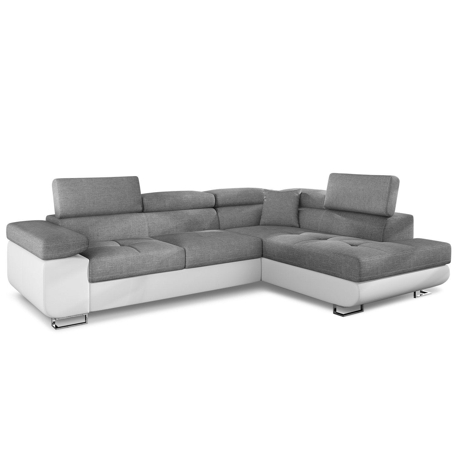 Canapé angle droit convertible tissu gris clair et simili blanc James Canapé angle droit convertible tissu gris clair et simili blanc James