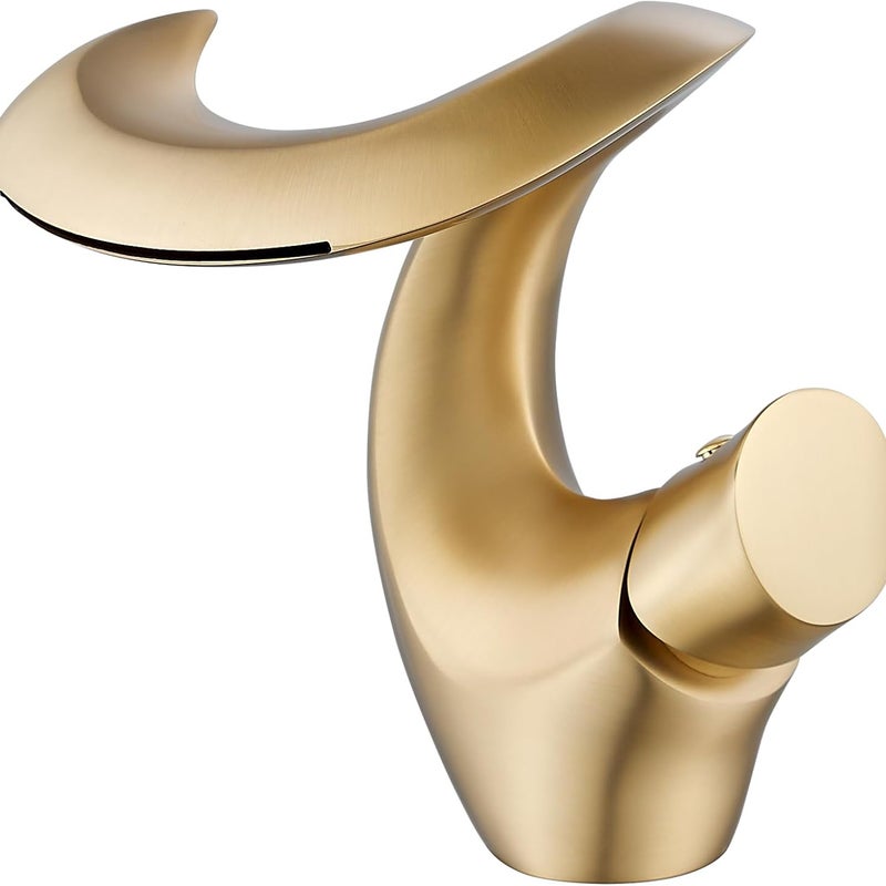 Bateria umywalkowa typu wodospad w kolorze szczotkowanego złota – elegancka bateria łazienkowa – bateria mieszaczowa z mosiądzu z ciepłą i zimną wodą