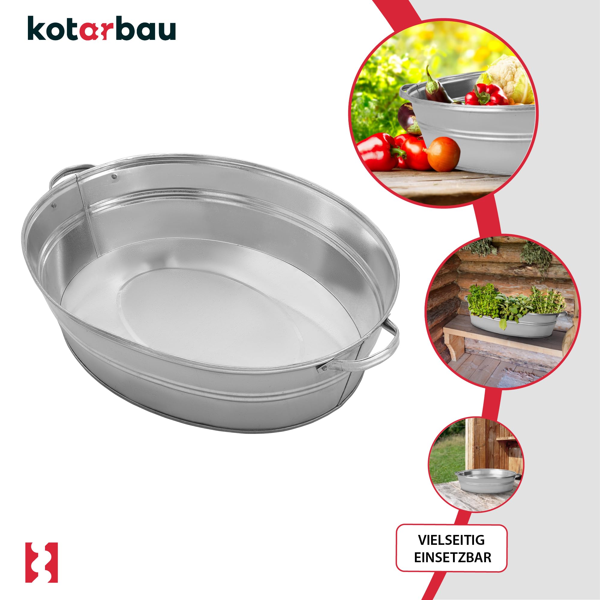 Bassine Zinc - Acier Galvanisé - 27L - Argent - Jardiniere Zinc - avec Poignées - Rustique KOTARBAU - 4