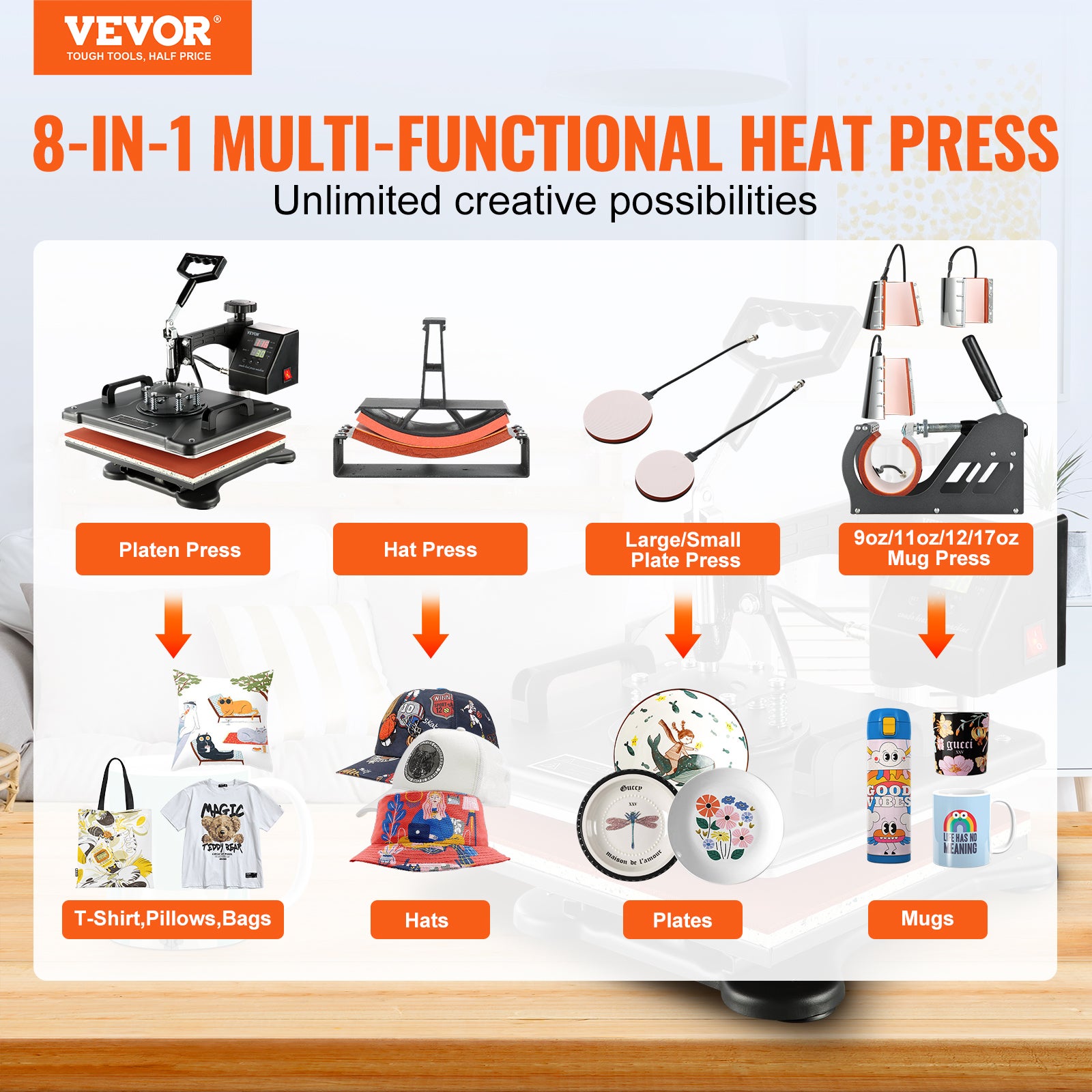 Presse à chaud VEVOR 8 en 1 30x38CM Machine de Sublimation de Transfert avec Numérique écran LCD Pour T-Shirts Chapeaux Casquettes Tasses Assiettes - 2