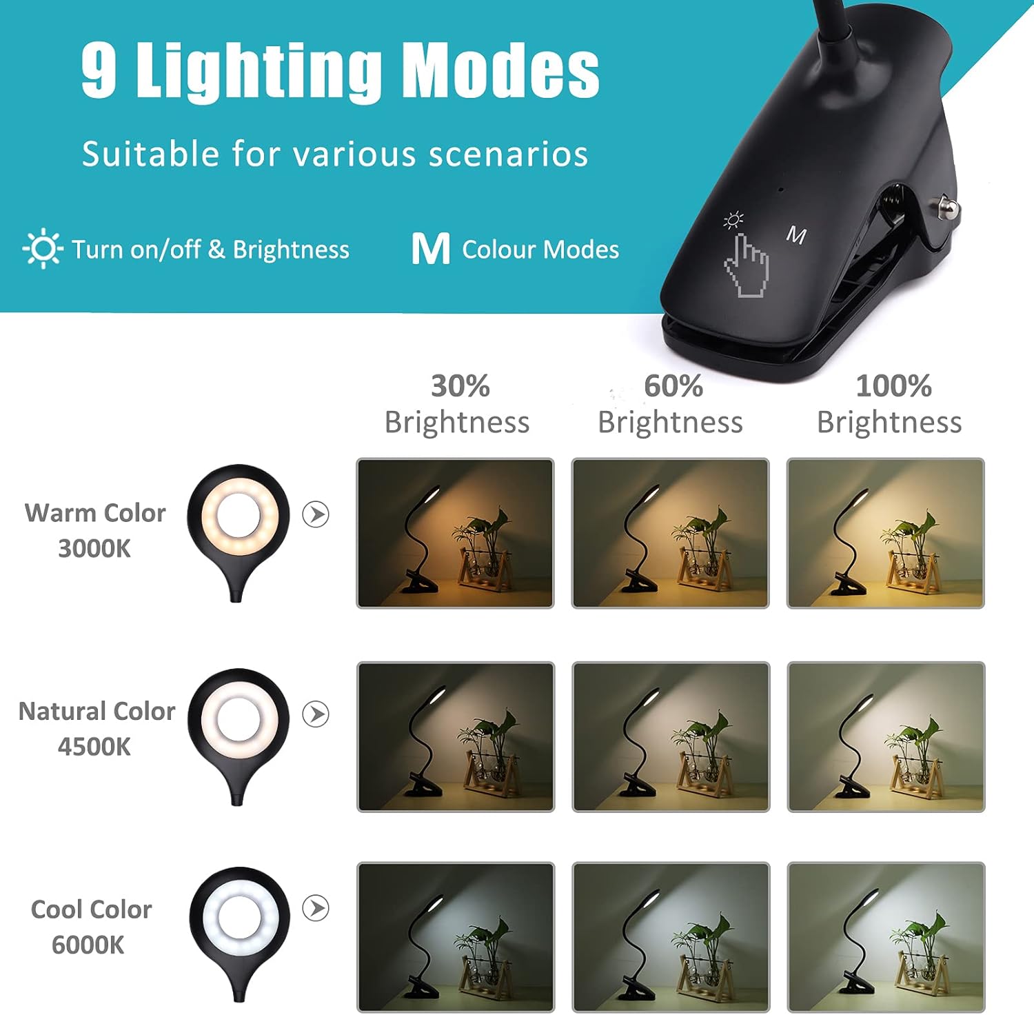 Lampka biurkowa LED – dotykowa lampka nocna z klipsem – 3 kolory i 3 poziomy ściemniania – 1 opakowanie – czarna - 2