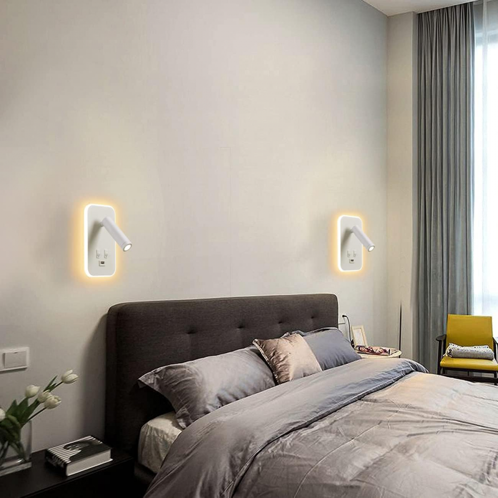 Biała lampa ścienna LED – lampka nocna do czytania z włącznikiem – port ładowania USB – ciepłe światło – regulowany reflektor tworzący nastrój w sypia - 6