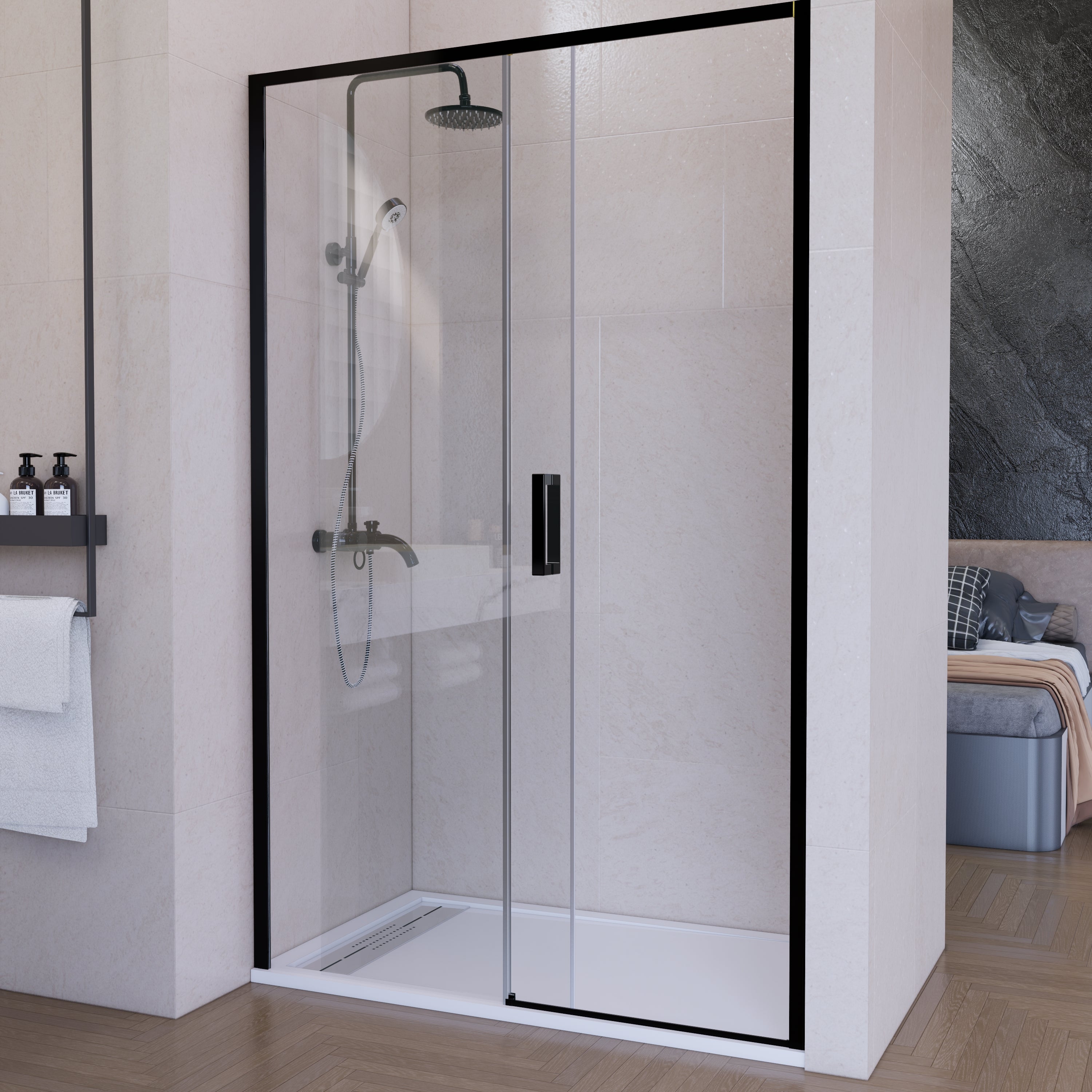 Mampara de ducha frontal corredera 130 cm 1 puerta + 1 fijo Negro mate Cristal transparente 6 mm 195 cm altura - 3