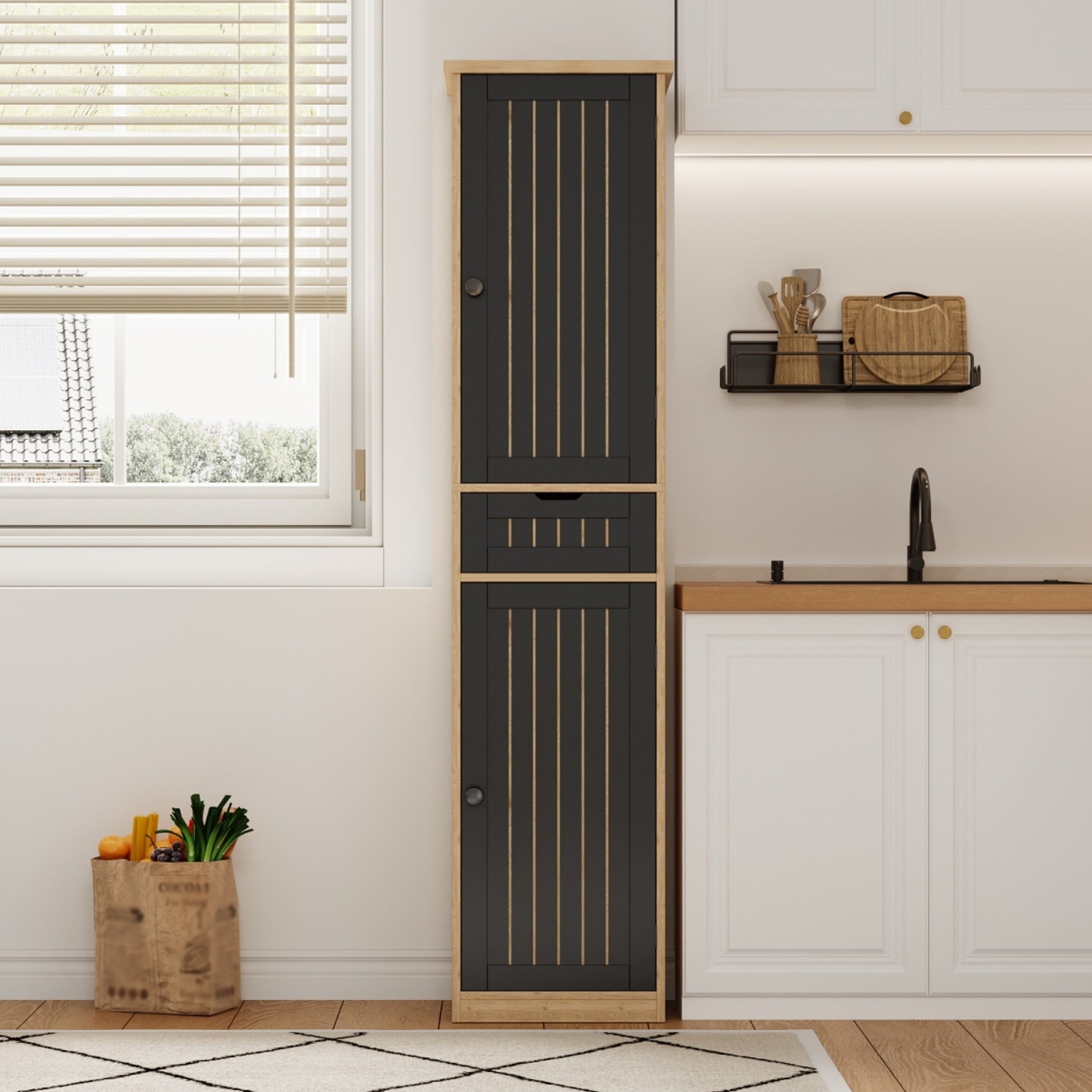 Colonne de rangement avec 2 portes, 1 tiroir et 4 étagères réglables, buffet de cuisine - 40 x 30 x 170 cm - MDF - Naturel + noir - 2