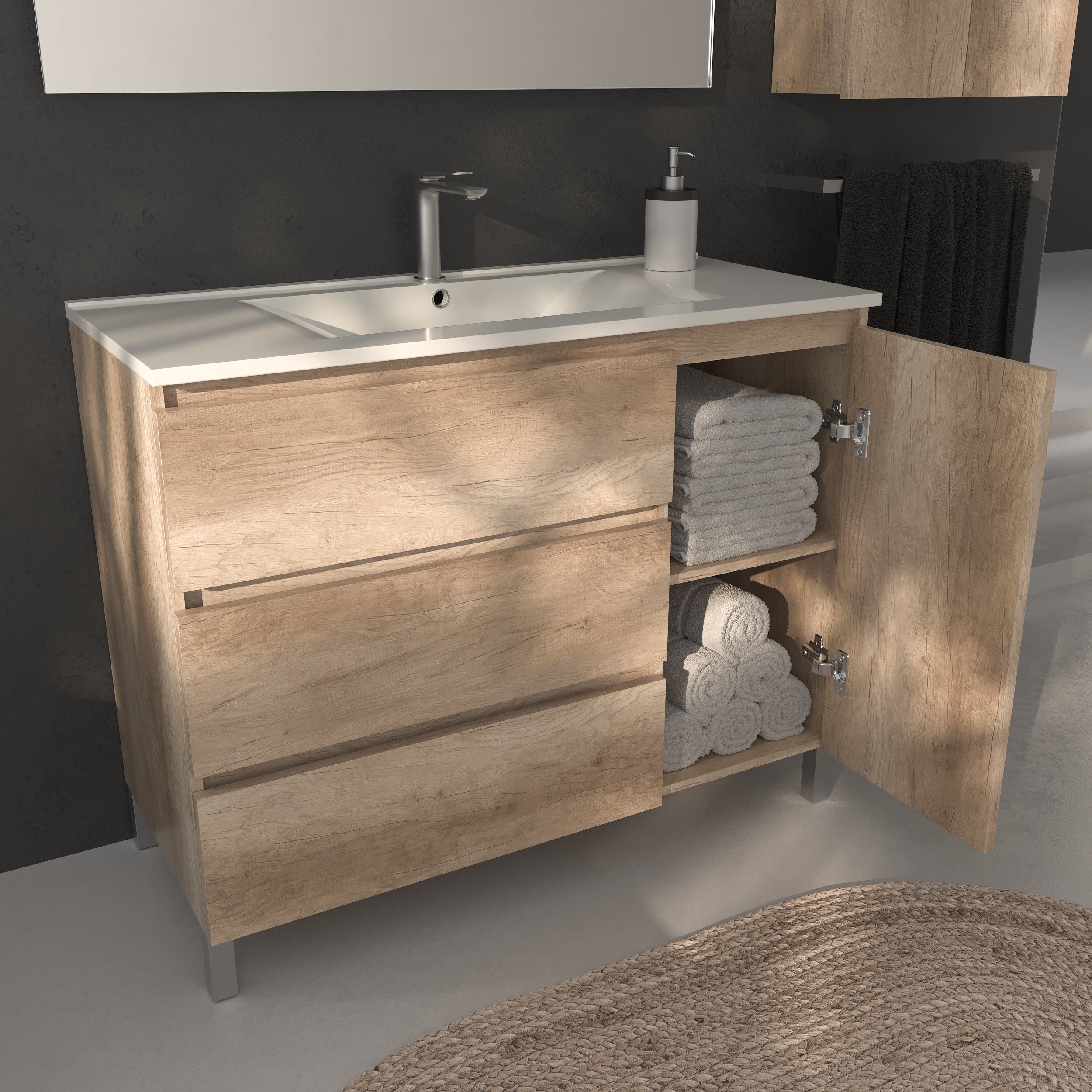 Ensemble meuble et plan de travail Alessandria en 100 cm, finition chêne guadarrama avec poignée exécutive - 6