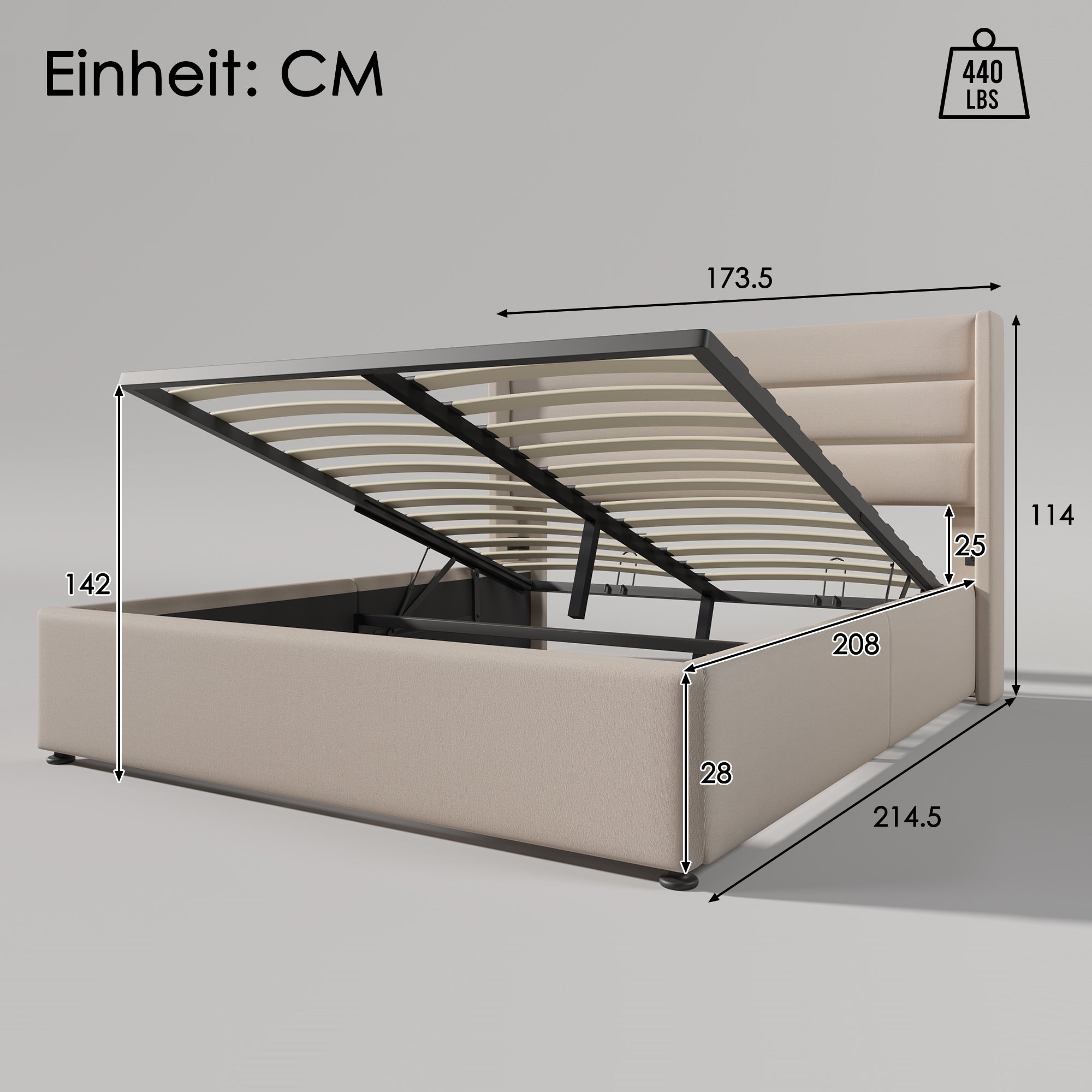 Lit coffre 160 x 200 cm pour adulte - tissu en lin - sommier à lattes - beige - 3