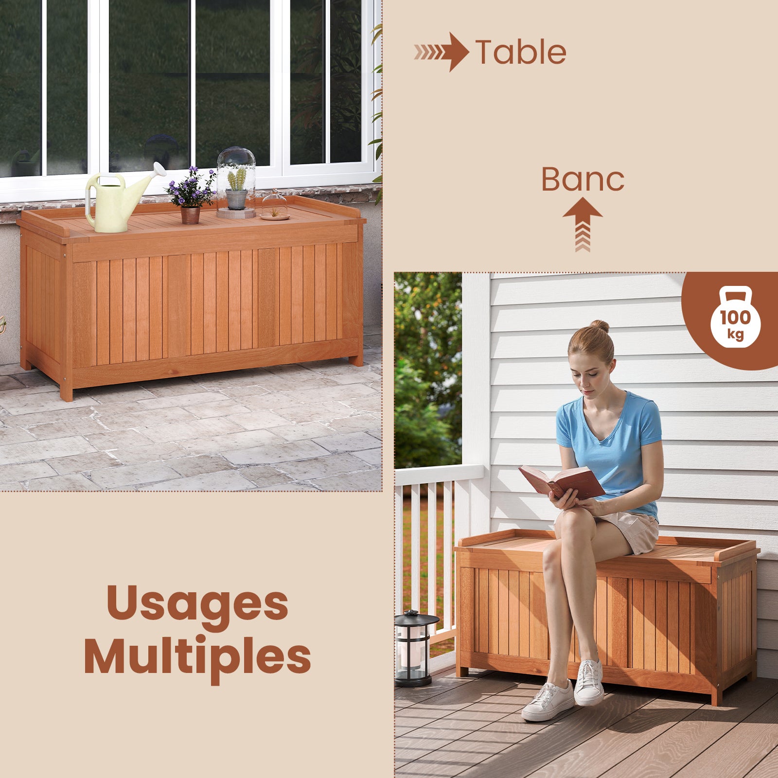 Coffre de Jardin Extérieur en Bois Dur 220L, avec Couvercle Rabattable, Organisateur pour Rangement des Outils pour Patio, Cour, Charge 150 KG - 7