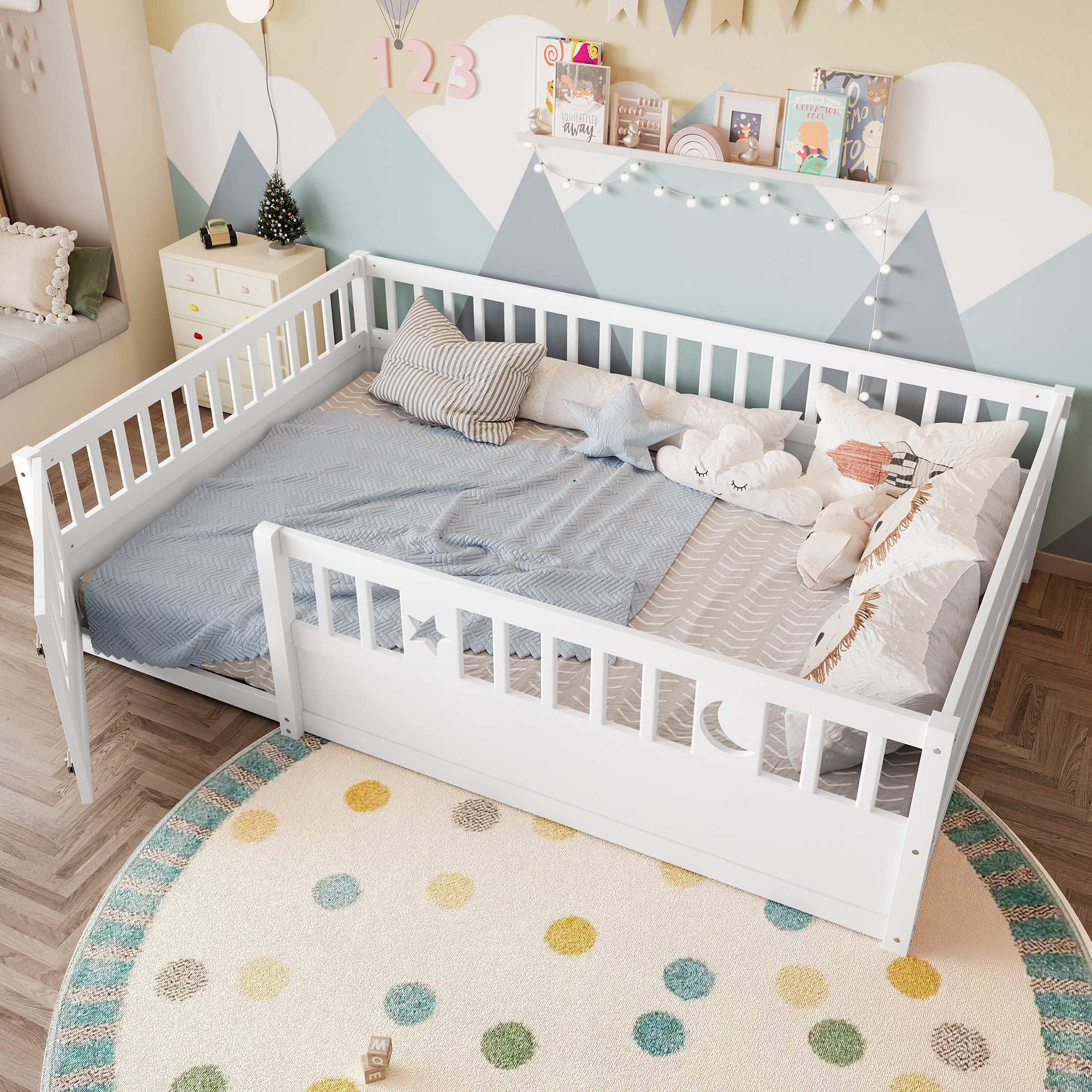 Lit à panneaux, 140 x 190 cm, lit enfant avec barrière, décor étoile et lune, sans sommier à lattes (sans matelas), blanc - 4