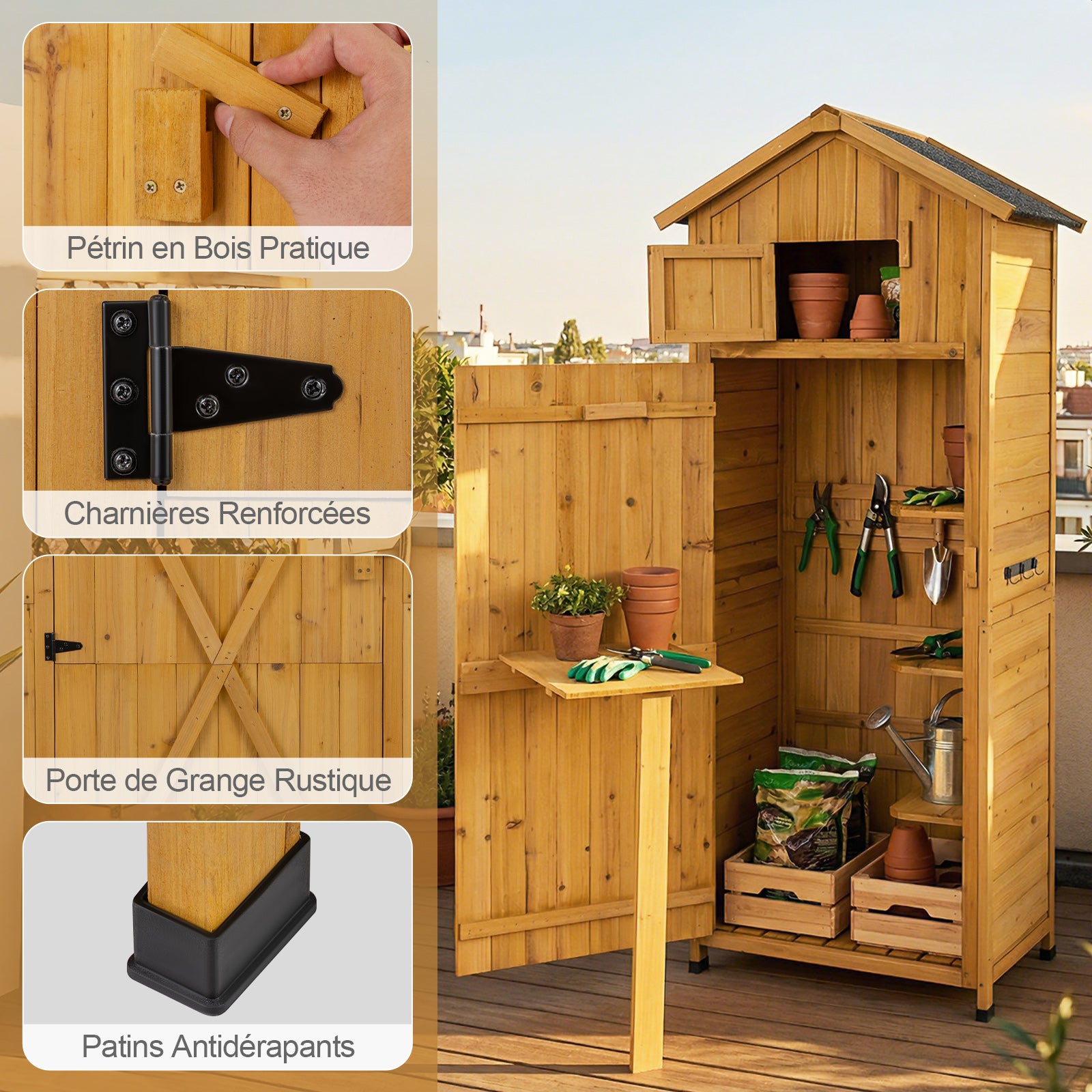 Abri de Jardin en Bois, Armoire d'Extérieur avec Porte Verrouillable, Étagères Amovibles, Table Latérale Pliante, 3 Crochets, Toit en Asphalte - 3