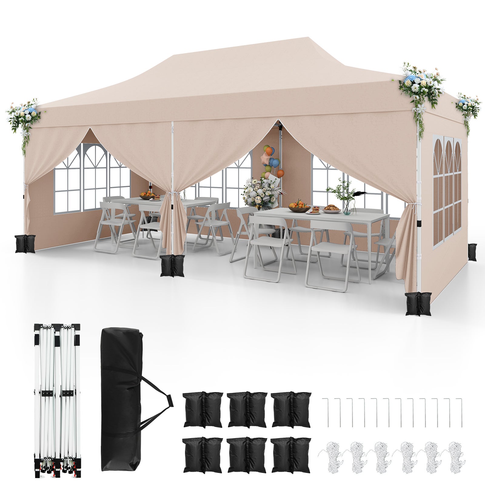 Outvita Tonnelle De Jardin 3x3x2,6m - Tente Réception 4 Bâches Amovibles Imperméable Mariage BBQ Fête
