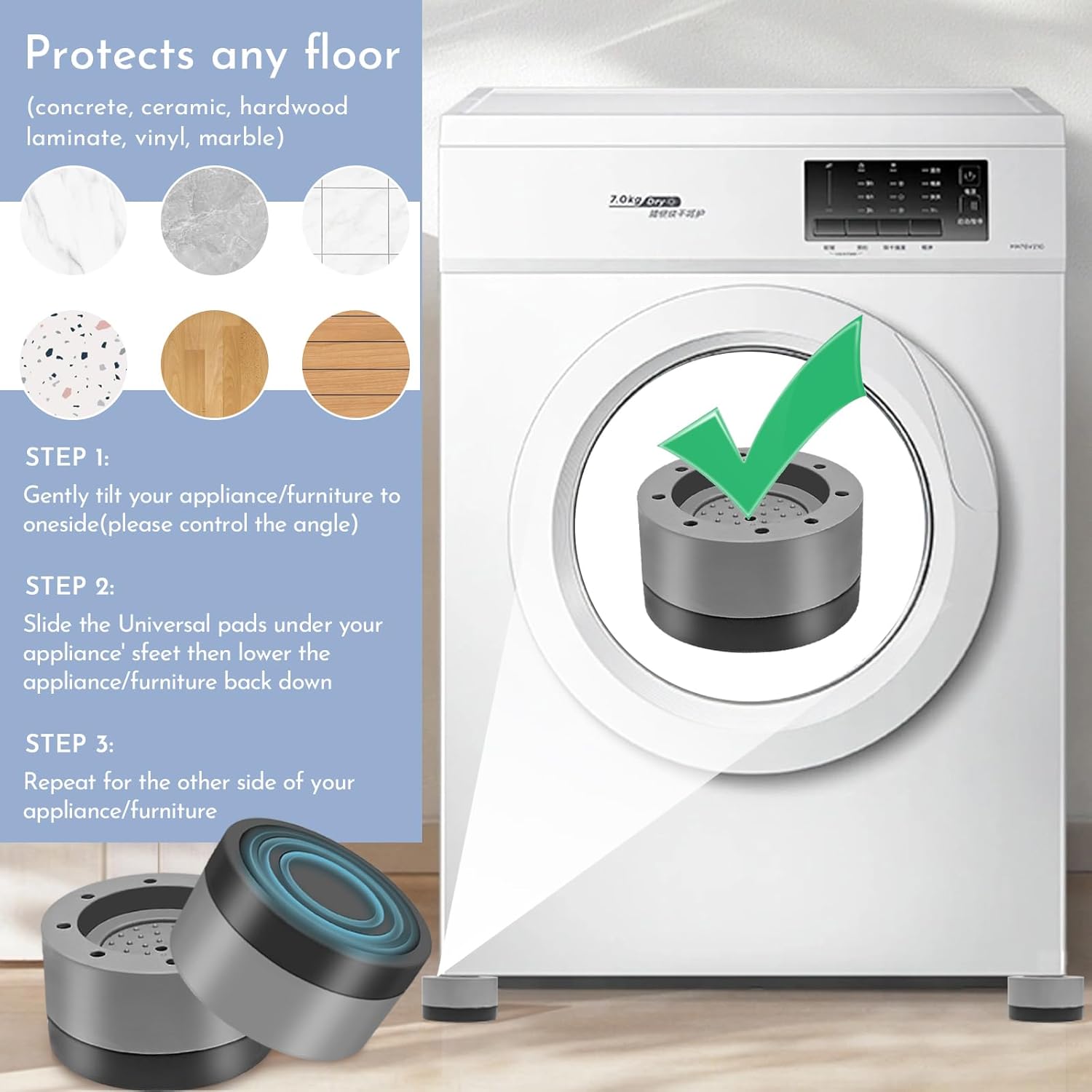 Pieds antichocs universels 4 pièces - Amortisseurs pour lave-linge avec patins en caoutchouc - Convient aux lave-linge/sèche-linge/meubles - 3