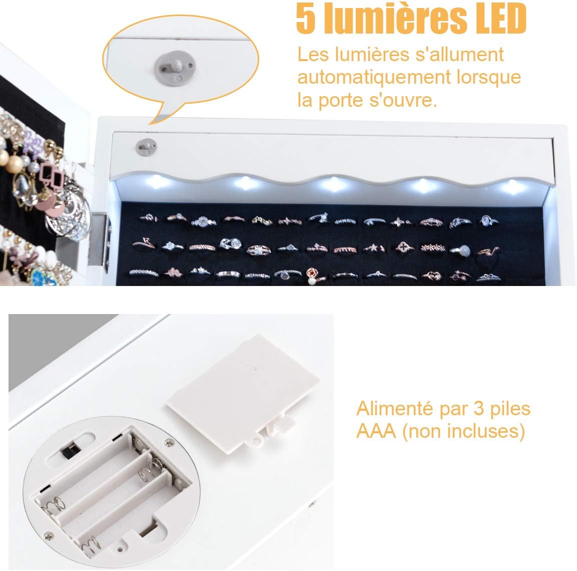 Armadio portagioielli con 5 Luci LED, Porta che Si Chiude, Armadio Portagioielli Montato a Muro con Specchio e 6 Cassetti, Organizer Gioielli con Tant - 4