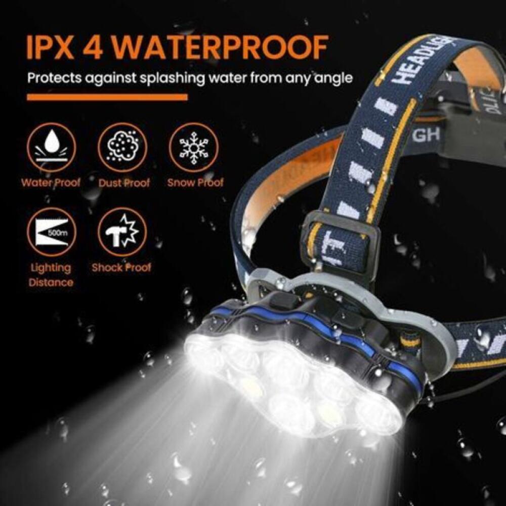 Lampe frontale LED rechargeable 8 modes, lampe frontale super lumineuse, 8 LEDs, avec voyant d'avertissement, USB et 2 piles étanches, pour camping - 4