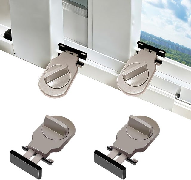 4 Pièces (Marron) Verrou Baie Coulissante, Serrure Butée Réglable, Serrure de Sécurité pour Fenêtre, Bloque Fenetre Coulissante, Sans Perceuse, pour P