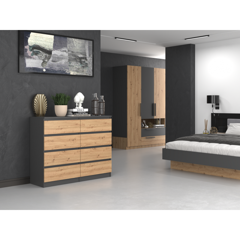 MILAN - Commode de chambre 8 tiroirs - 138x97x40cm - Meuble de rangement - Style moderne - Gris&Chêne - 2