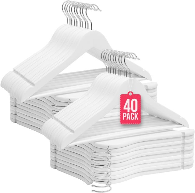 Pack de 40 Perchas de Madera Maciza Blanca con Gancho Giratorio 360° y Muescas Antideslizantes - con Barra para Pantalones - Alta Resistencia