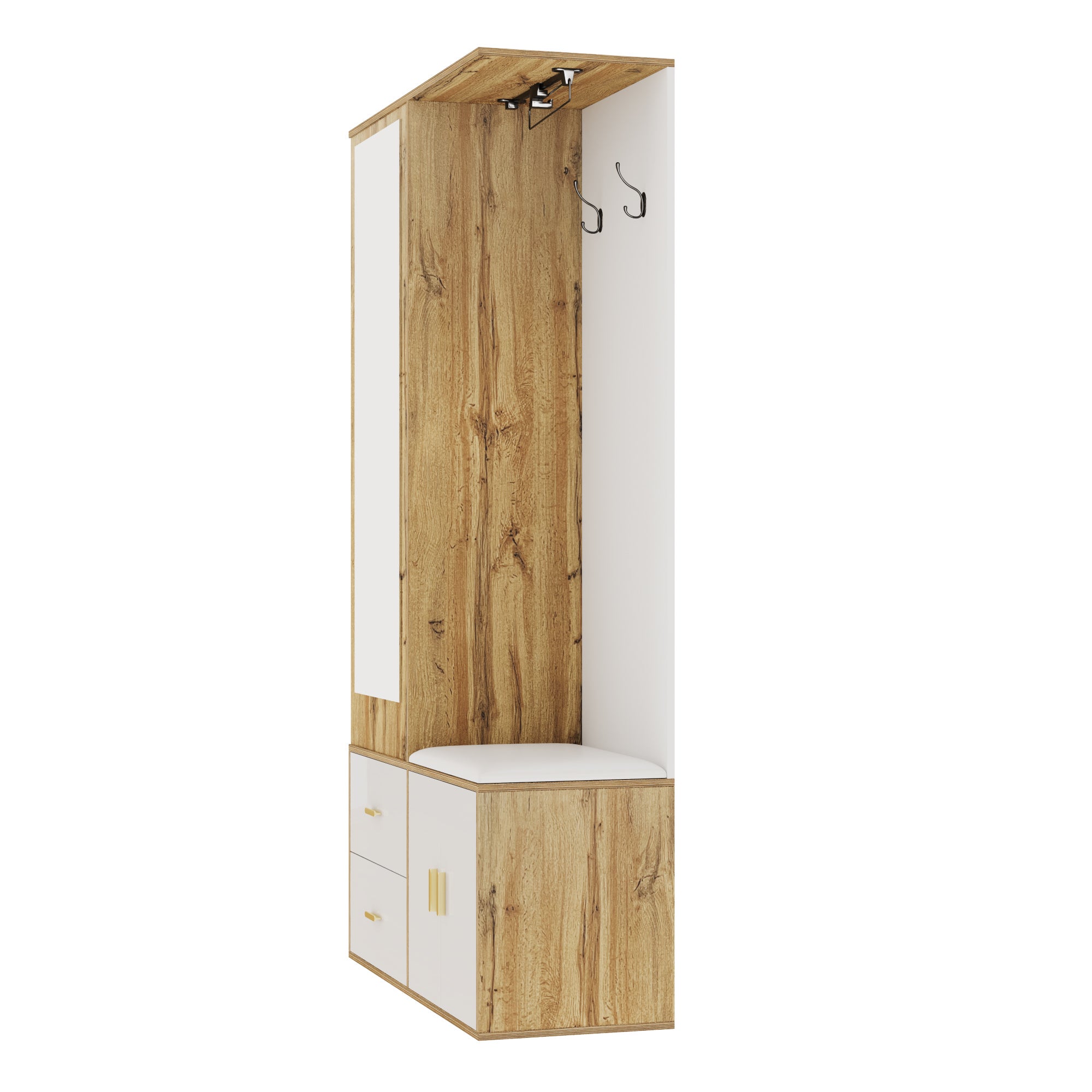 Armoir 100x38x108.1cm - Avec miroir - Avec meuble à chaussures - Avec crochets et cintres rétractables - Blanc + Naturel - 7