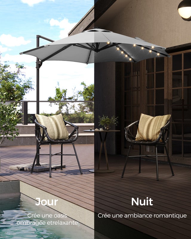 Parasol de Jardin 300 cm, 28 LED Solaires, UPF 50+, Pivotant à 360°, Inclinaison Fluide, Manivelle, avec Base en Croix, Gris Tourterelle - 3