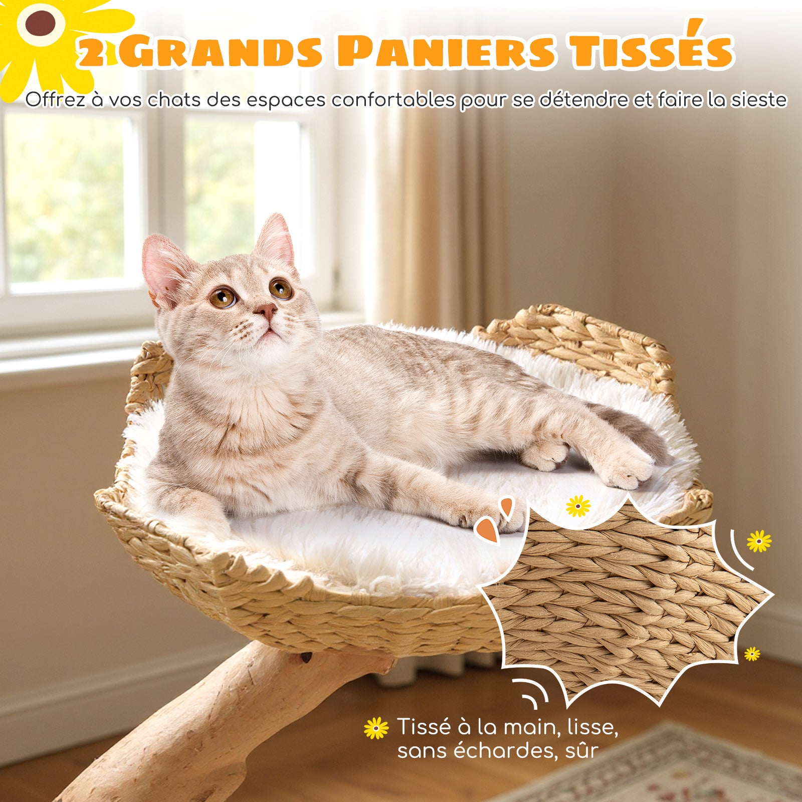 Arbre a Chat XXL 122 cm, Arbre a Chat en Bois Massif, 2 Paniers en Rotin, 2 Plateformes, Poteau à Griffer en Jute, Tour pour Chaton, Pompon Suspendu - 7