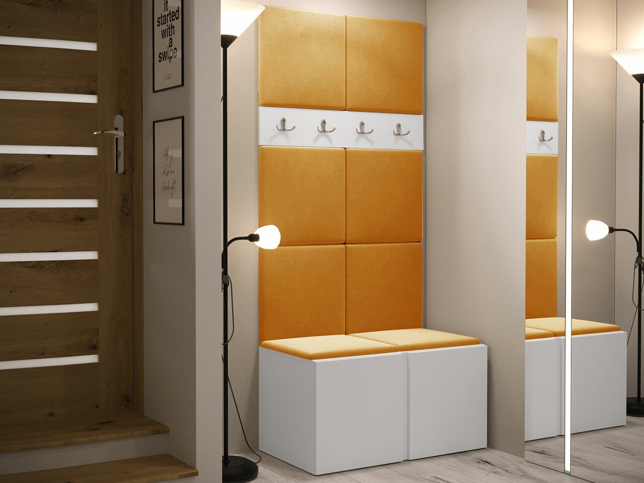 Conjunto para corredor Hartford 267, 186x84x44cm, Branco, Tecido, Placa de aglomerado laminado, Montado na parede, Colocado - 2