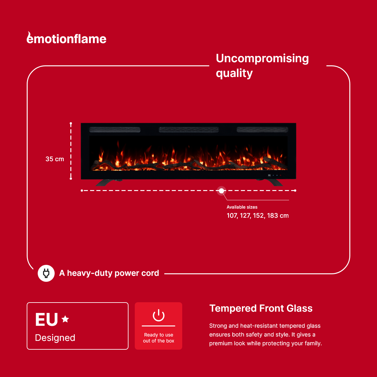 Cheminée électrique Emotion Flame Monarch 183 - feu premium - murale et encastrable - 183x13x35 cm - cheminée LED décorative avec chauffage 900/1800 W - 4