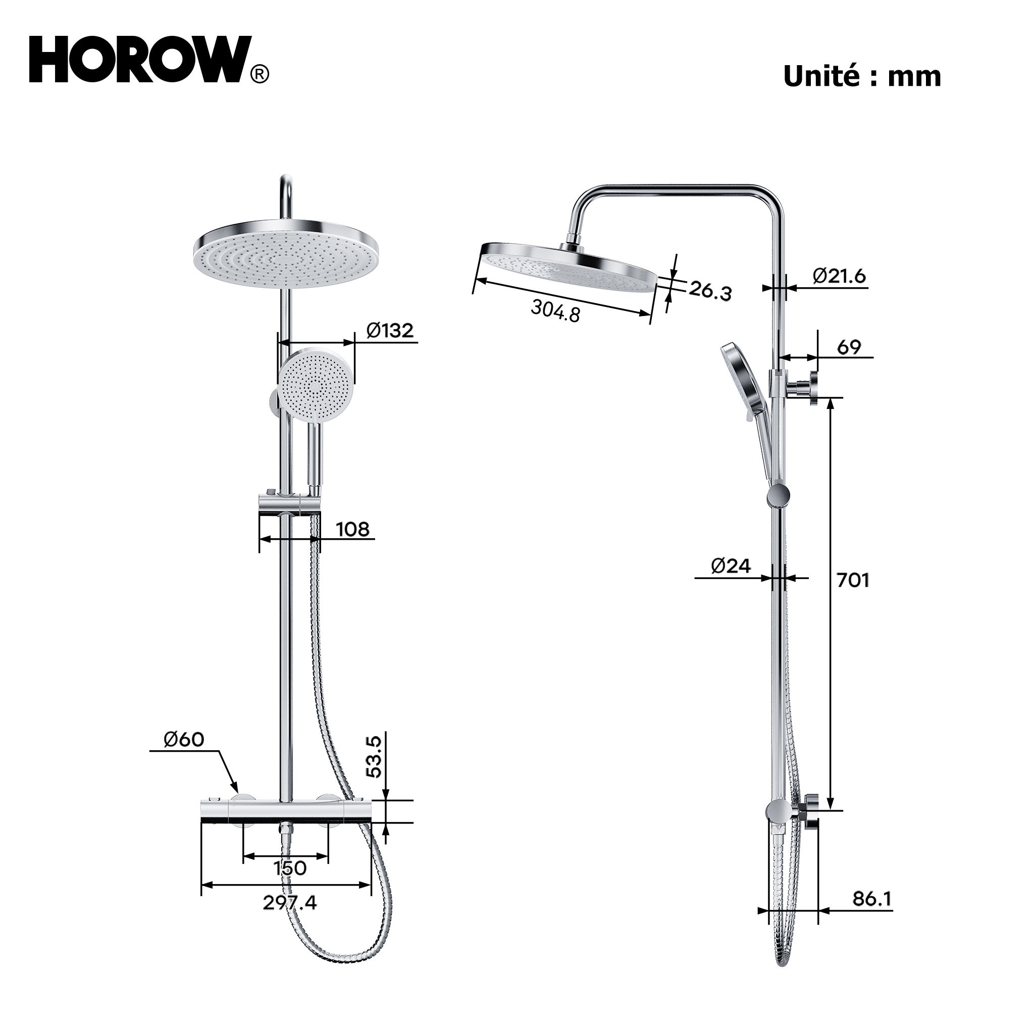 HOROW Ensemble de Douche Thermostatique, Ensemble Douche avec 5 modes, kit de douche effet pluie chromé, valve en laiton, hauteur réglable - 9