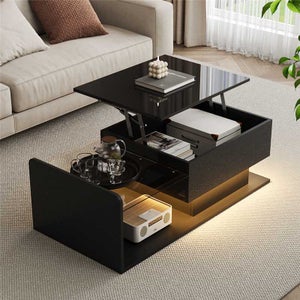 Table Basse Blanche Brillante Avec LED & 2 Tiroirs En Verre - Dimensions 90 X 45 X 35,5 Cm - Design Moderne Pour Salon