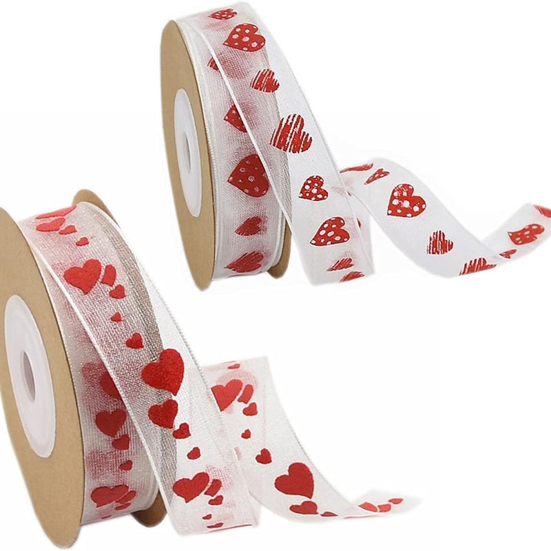 Wstążka Satynowa w Serca – Ozdobna Rypsowa Wstążka do Prezentów, na Ślub, do Rękodzieła, Eleganckiego Pakowania (2 Rolki)