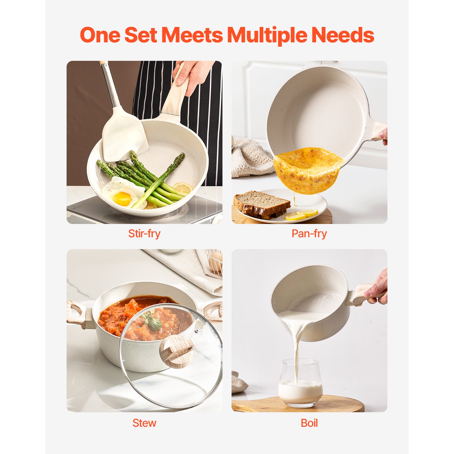 Batería de cocina antiadherente SucceBuy de granito de 17 piezas, compatible con inducción, sartenes, cazos, sauteuse, tapas de vidrio, blanca - 6