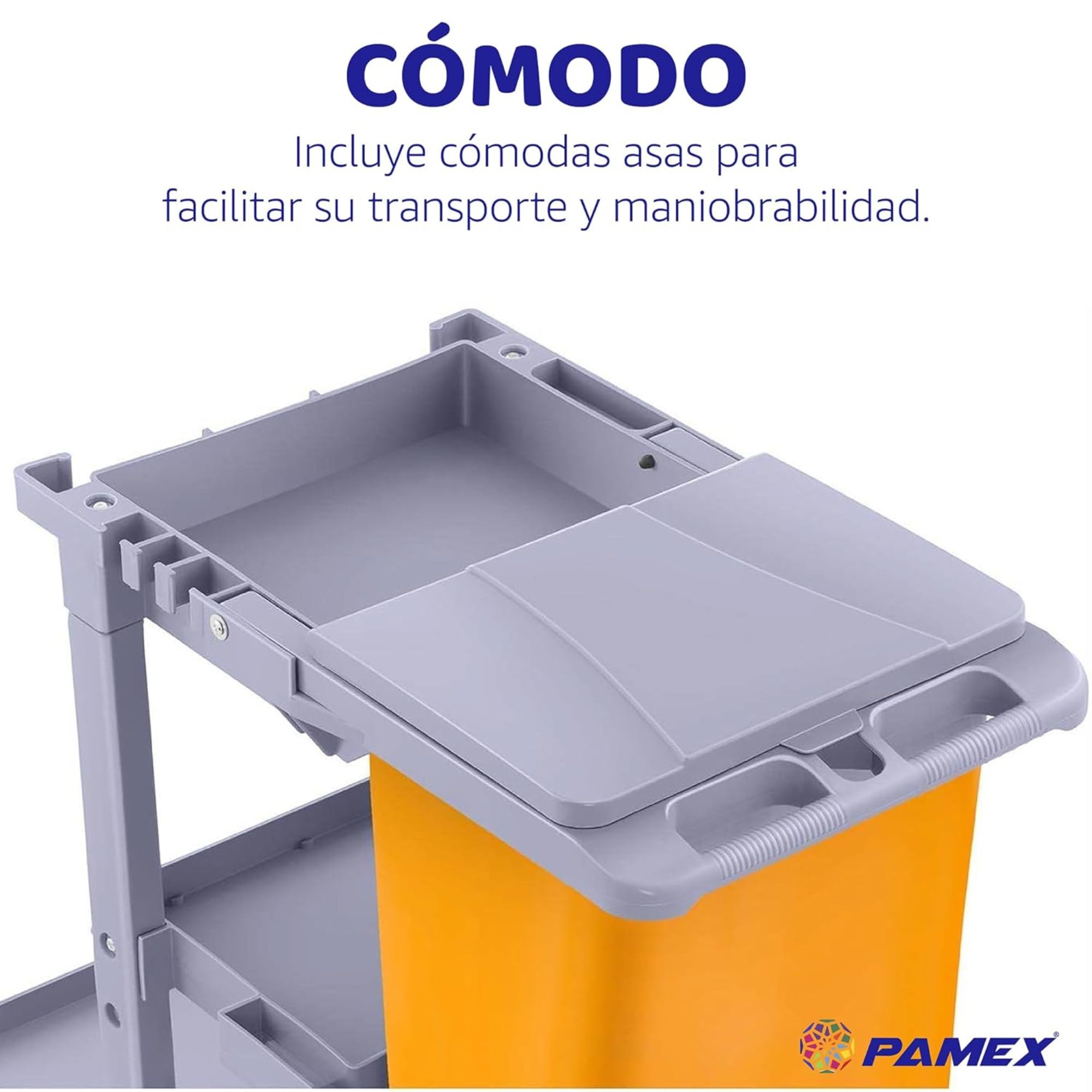 Carro de Limpieza Profesional Plástico con Tres bandejas con Saco de Vinilo de 100 Lt. más tapadera. Medidas 120x52x96 cm. (L x F x A). PAMEX® - 7