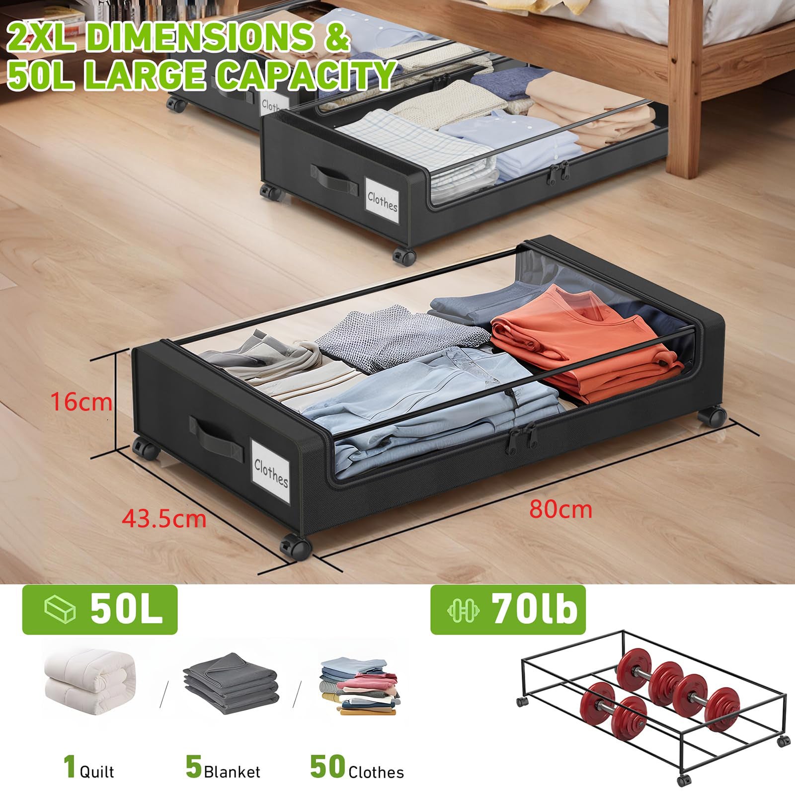 Armoire de rangement sous le lit sur roulettes, 1 paquet de conteneurs de rangement sous le lit avec couvercle transparent, tiroir sous le lit, noir - 3