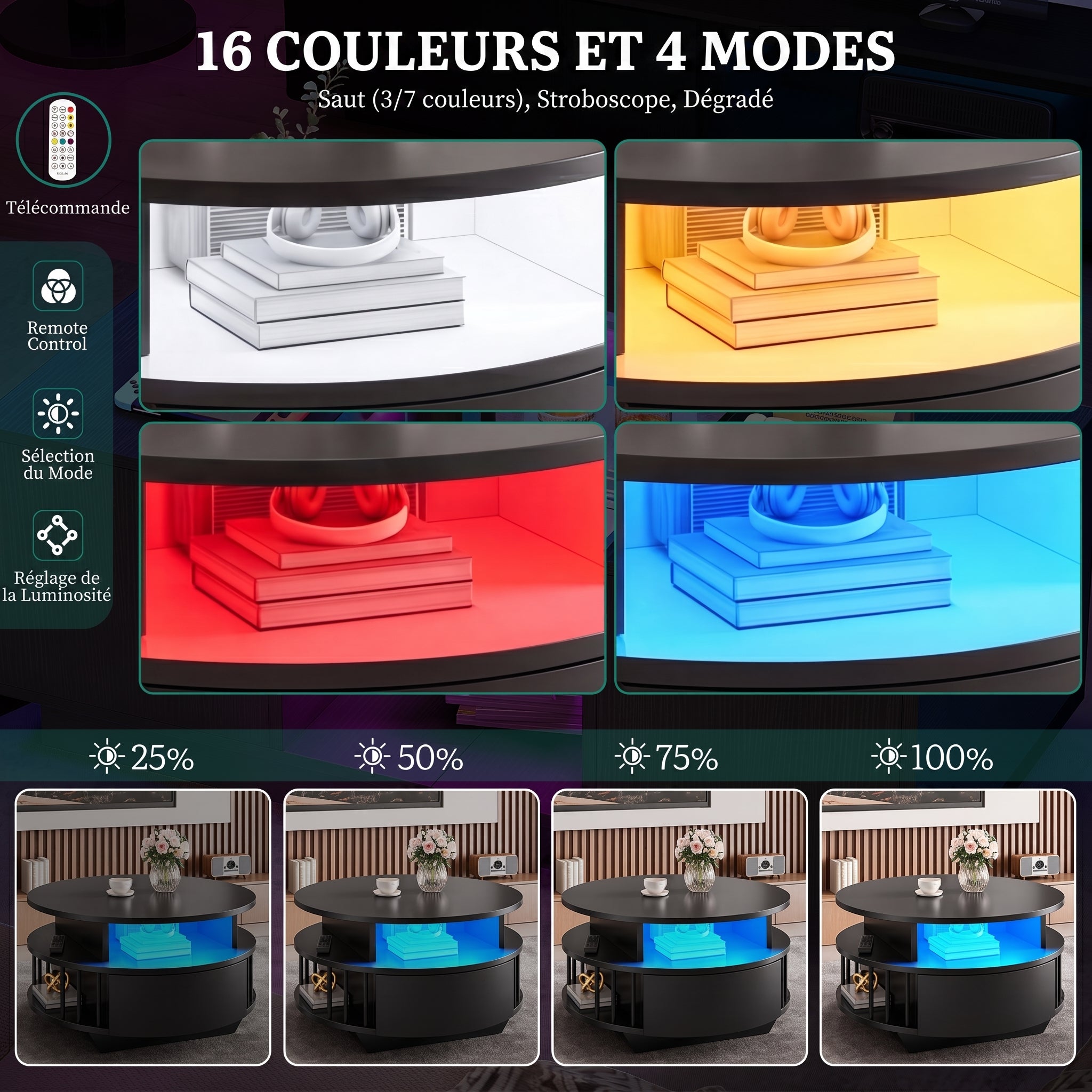 YITAHOME Table Basse Ronde Moderne LED 70cm, 2 Niveaux et 2 Tiroirs, Design Canné, Table d'Accent Salon, Noir - 7