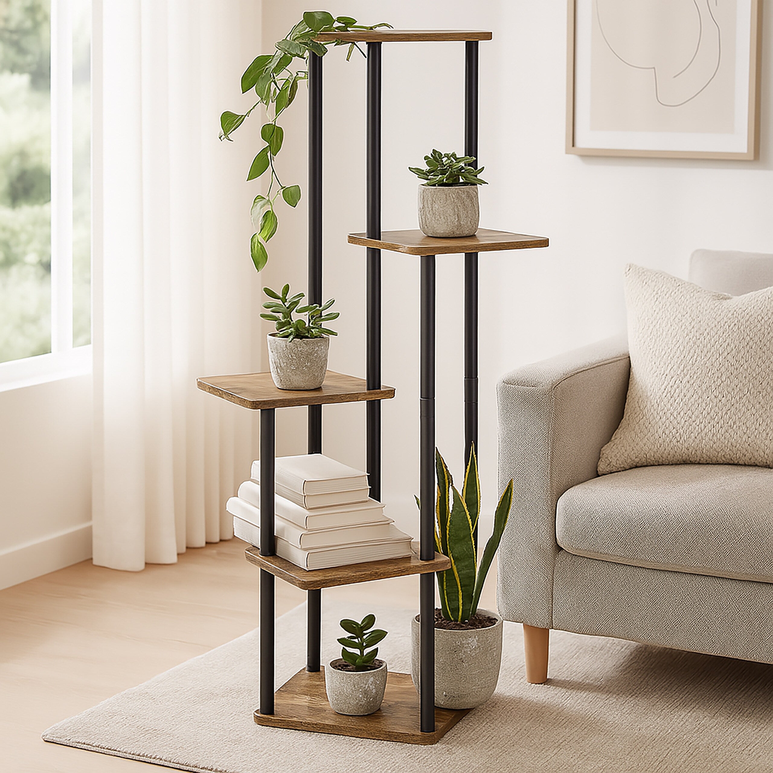 Étagère pour plantes à 5 niveaux pentagonaux, en fer et MDF, 107 x 58 x 58 cm, d'intérieur, Industrial noir, Relaxdays - 3