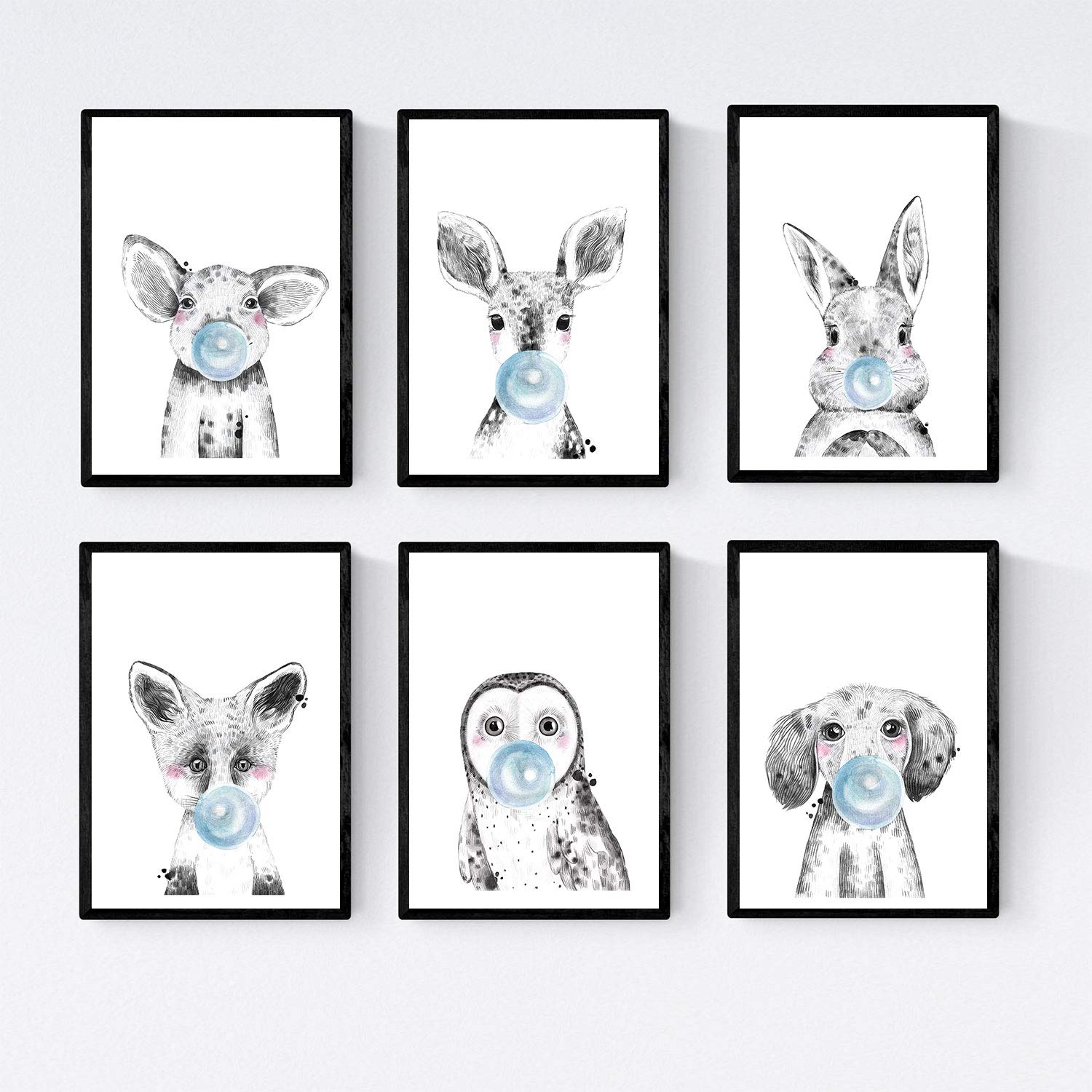 Set 6 posters animales bebes con chicle. girafa vaca zorro oso llama cerdo. sin marco - a4
