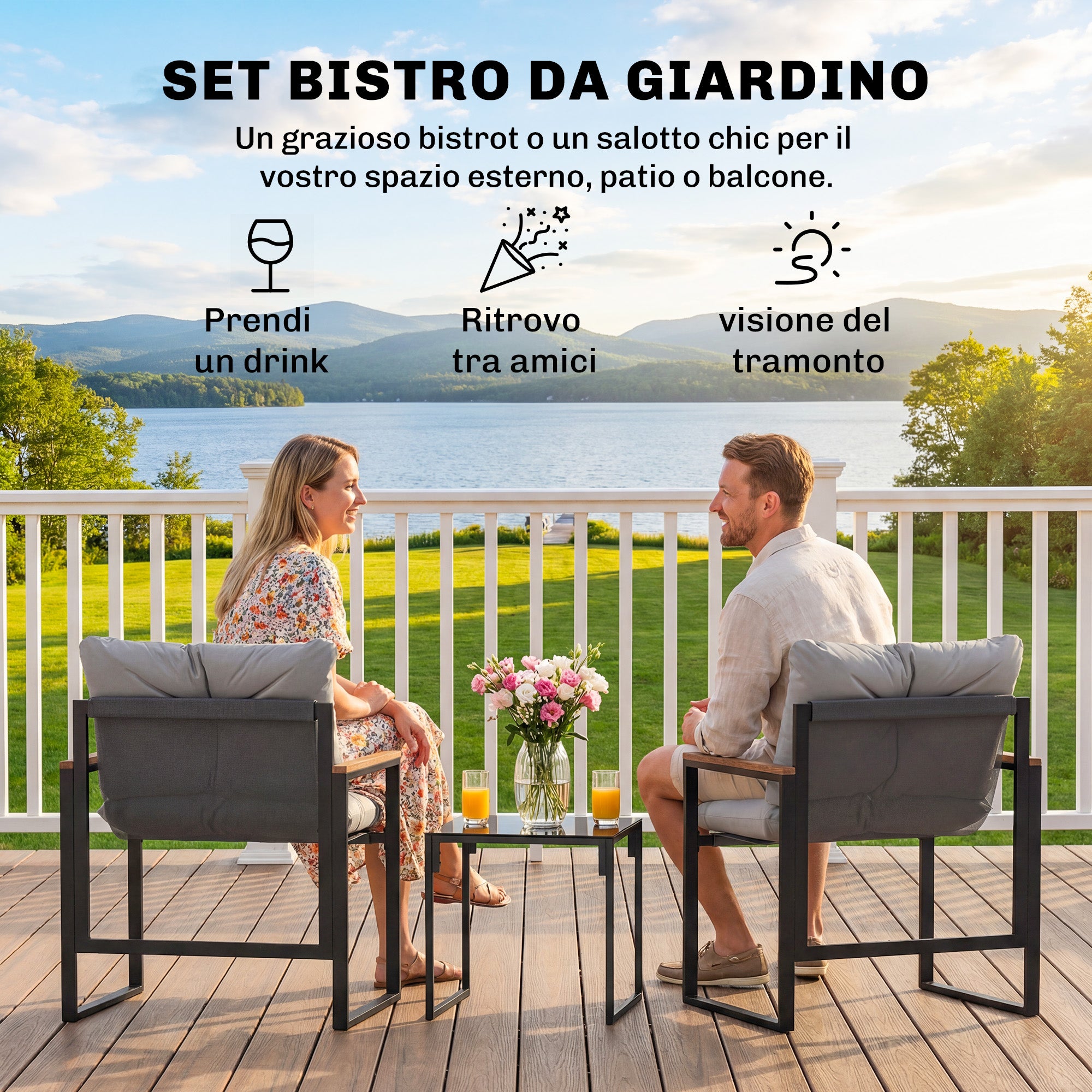 Ensemble table et chaises de jardin en métal pour 3 personnes avec coussins épais, multicolore - 6