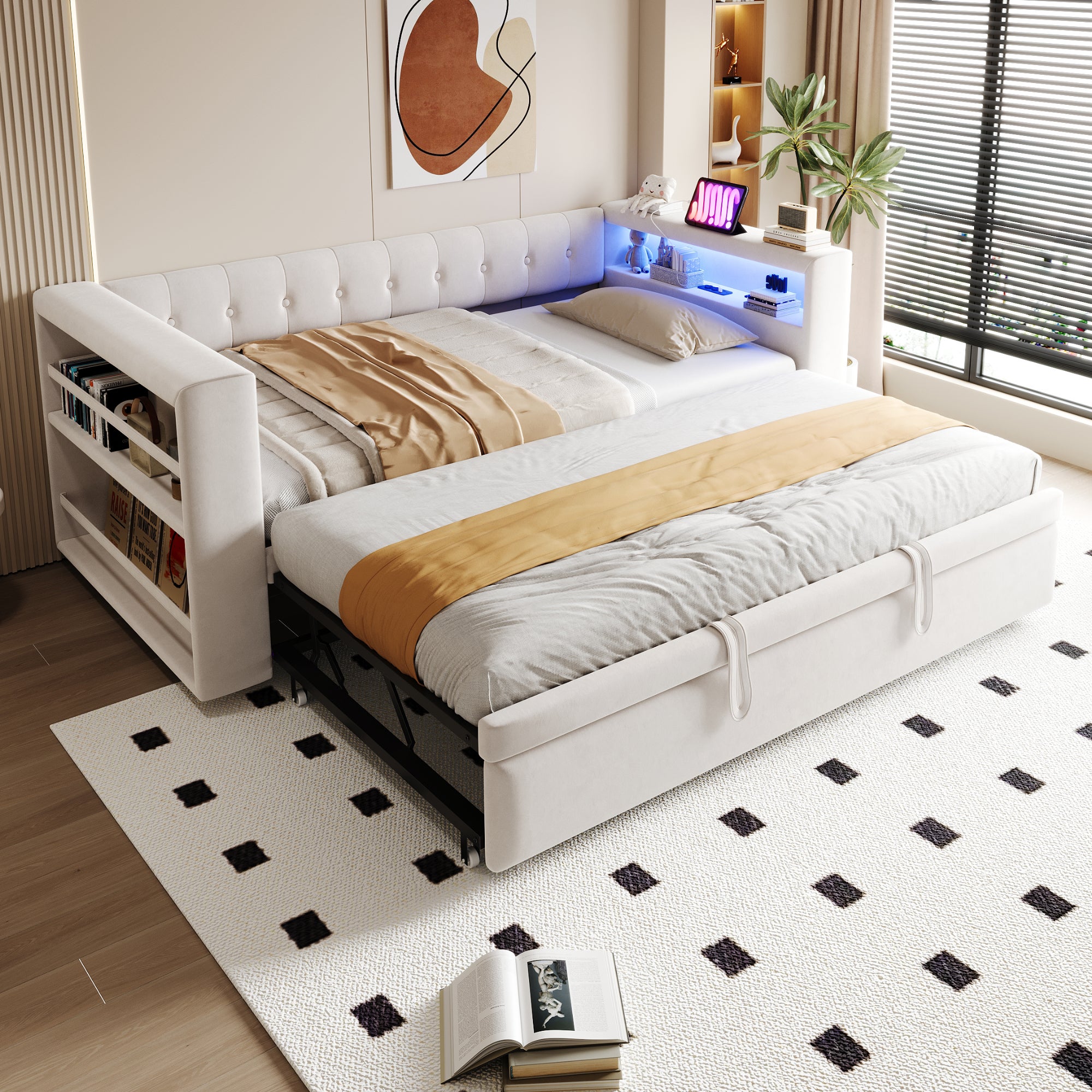 Lit rembourré 90/180×190 cm, avec éclairage LED, prises électriques et ...