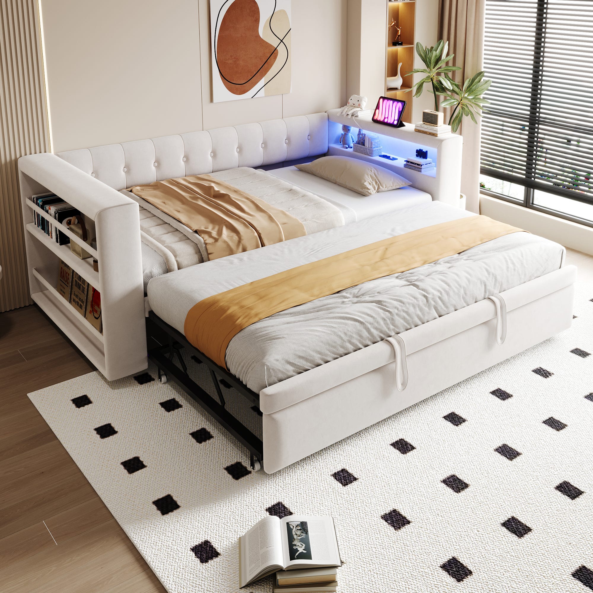 Lit rembourré 90/180×190 cm, avec éclairage LED, prises électriques et ...