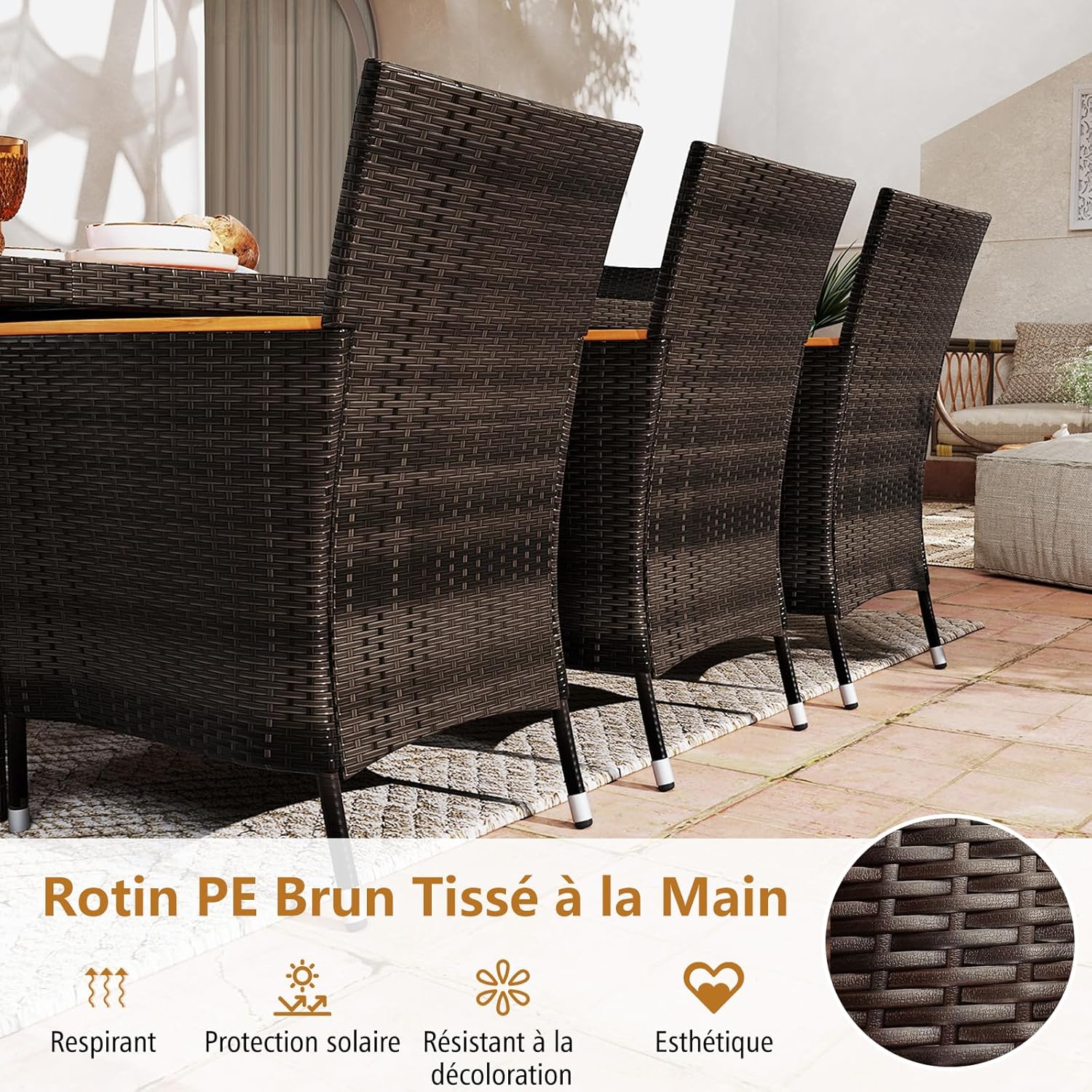 Salon de Jardin en Rotin 9 Pièces pour 8 Personnes Plateau de Table en Acacia, Ensemble de Salle à Manger , Chaise Charge 180KG, Marron+Beige - 7