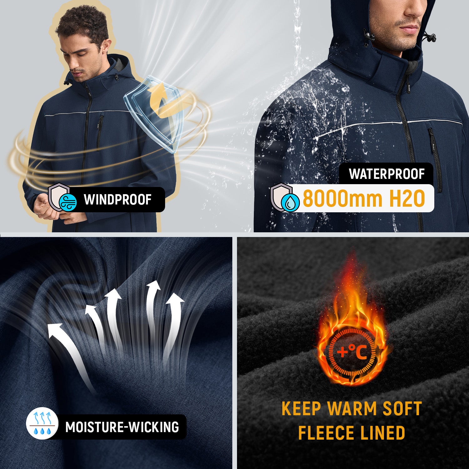 Veste de Travail Homme Taille XL Blouson & Softshell - Imperméable, Anti-Vent, Fourré Chaud, Poches Multiples, Capuche Amovible - Bleu foncé - 4