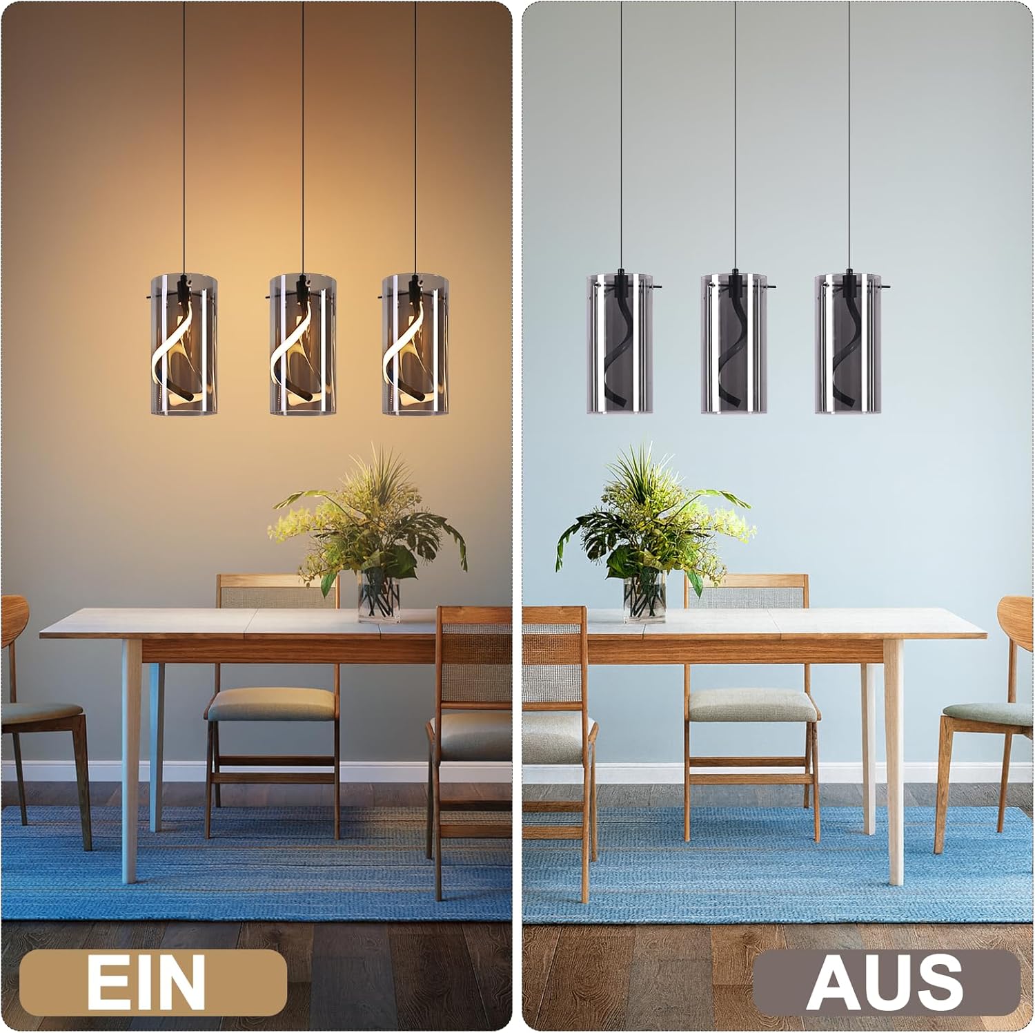 Lampa wisząca LED Nettlife Vintage z 3 źródłami światła – szkło w kolorze dymnego szarego szkła, 33 W, 3000 K, w stylu retro, regulowana - 6