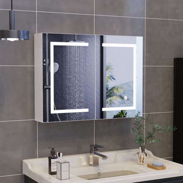 Armoire miroir de salle de bain avec éclairage LED, 80 x 60,3x13.5 cm, couleurs réglables,2 étagères réglables,double porte,style contemporain, blanc