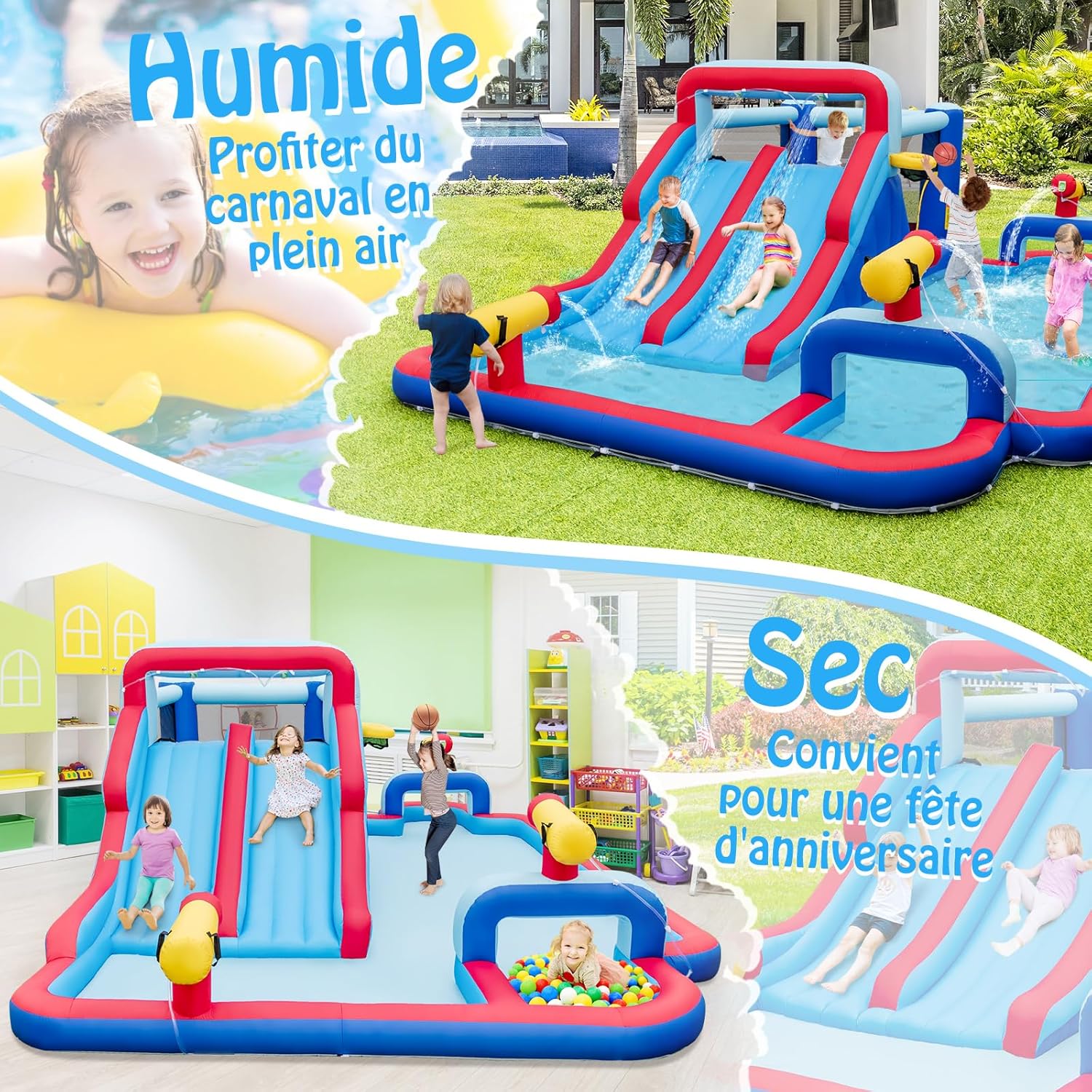 Estrutura insuflável 9 em 1 com escorregas aquáticos duplos e piscina, parque infantil insuflável com zona de saltos e 3 canhões de água, capa - 9