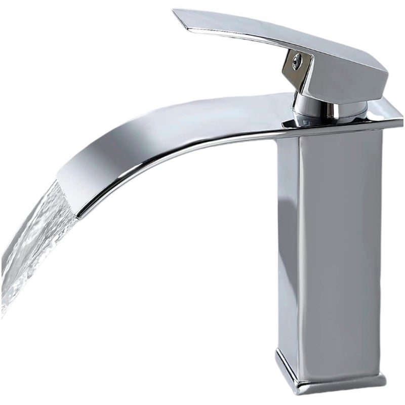 Nowoczesna chromowana bateria wodospadowa, elegancka bateria umywalkowa, ciepła i zimna woda, G 3/8