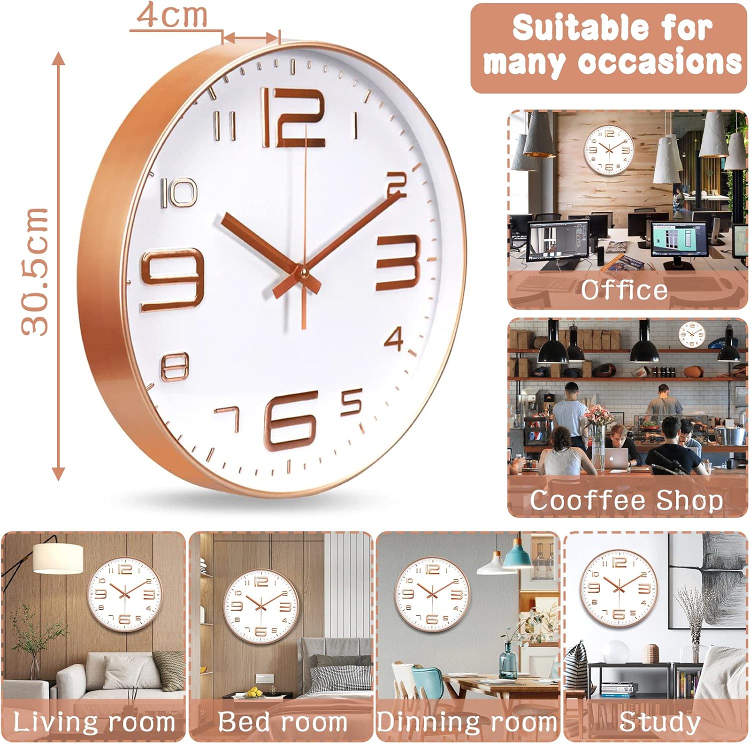 Horloge murale numérique, horloge murale silencieuse, en plastique, horloge à pendule murale, horloge murale à quartz, sans bruit, pour salon, chambr - 2