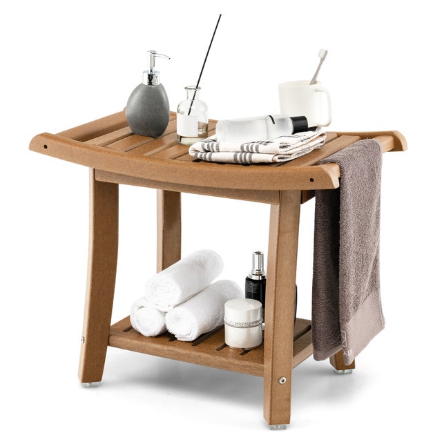 Tabouret Salle de Bain 2 Niveaux en PEHD Étanche, Banc de Douche Antidérapants Siège Incurvé pour Enfants et Adultes Charge 150kg, Marron
