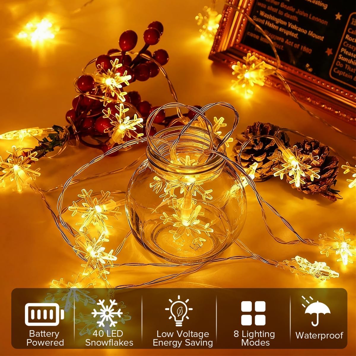 Guirlande Lumineuse Flocon de Neige, 6M 40 LED à Piles – 8 Modes d’éclairage avec Mémoire – Guirlande de Noël Intérieur Extérieur pour Sapin, Chambre - 3